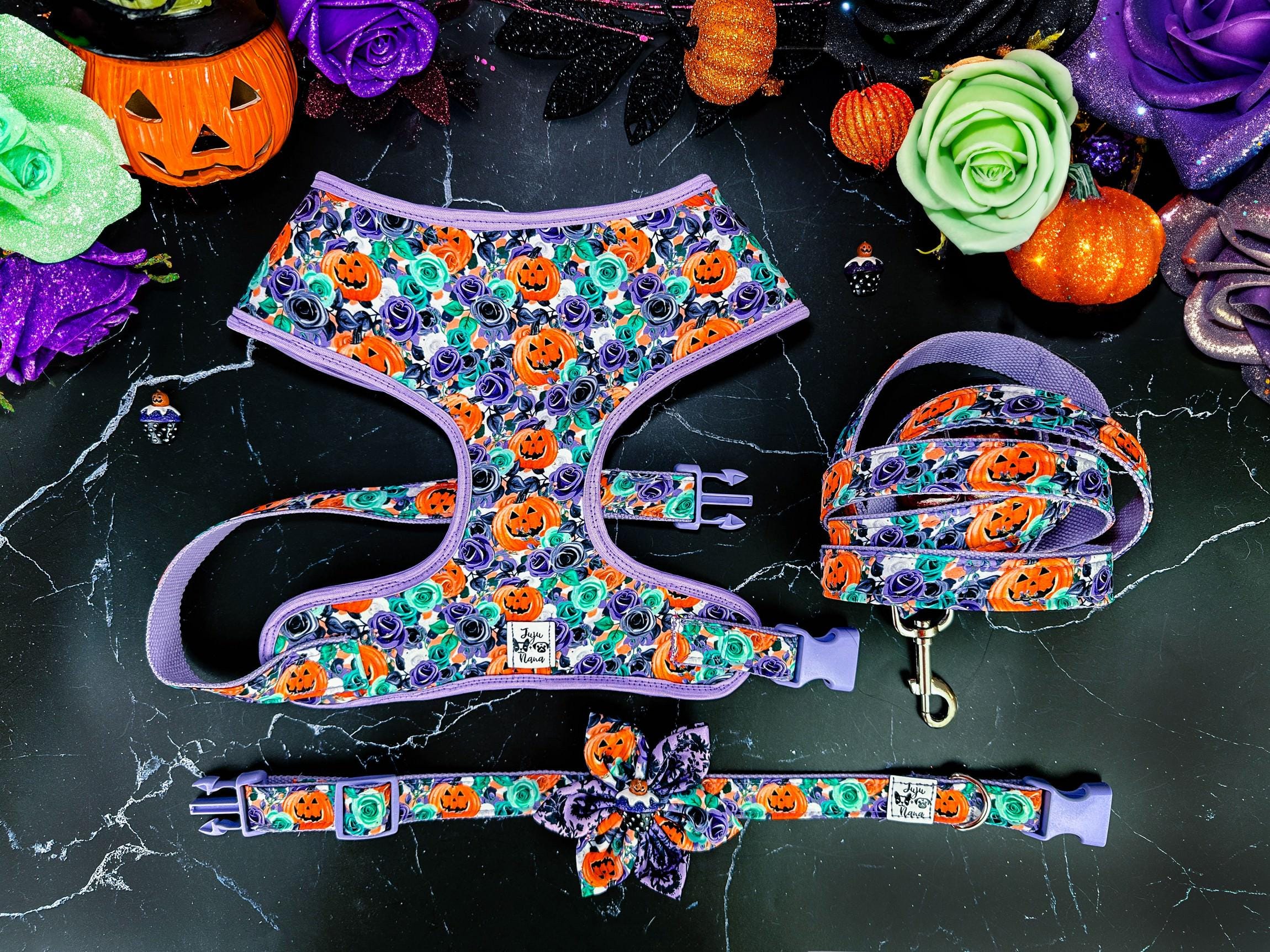 Halloween Dog Harness with Pumpkin & Rose Flowers Design - Perfect for Pet Costume Parties & Spooky Festive Events