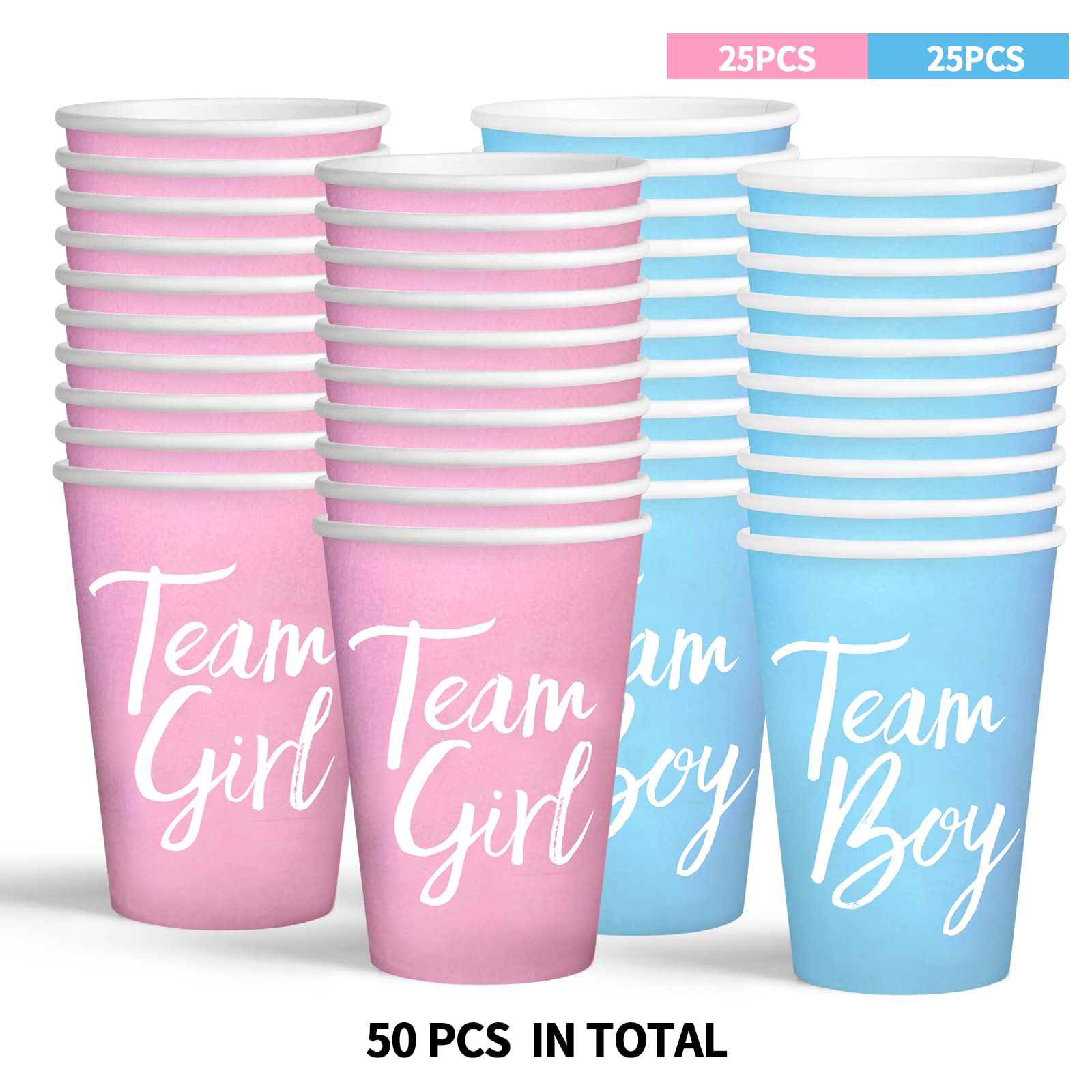 BRT Bearingshui 50-Pack Gender Reveal Party Paper Cups - Team Boy & Team Girl Baby Shower Decorations for Gender Reveal Parties, Baby Showers, and Celebrations