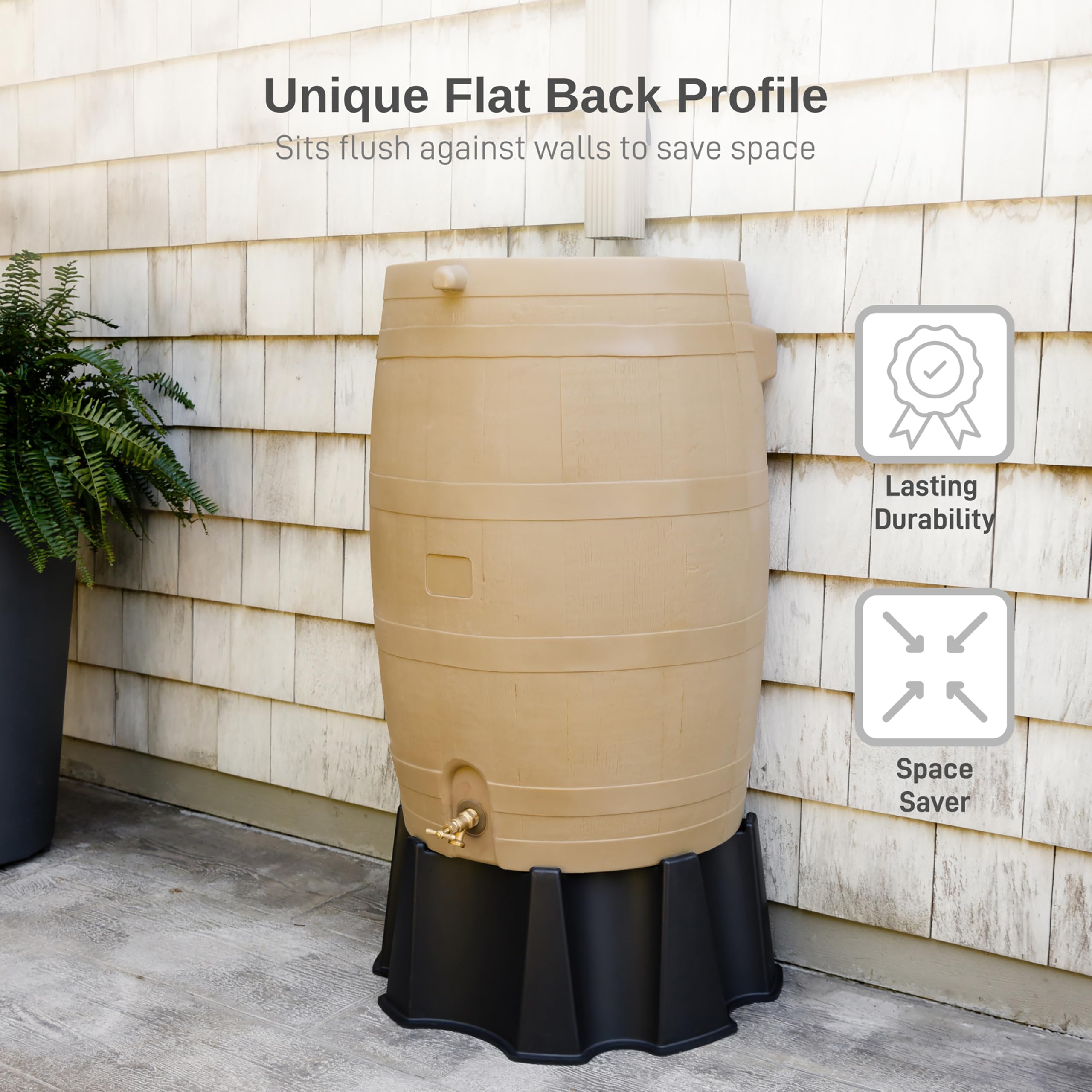 50-Gallon Flat Back Rain Barrel with Link Kit - Oak Color (2 Pack) - Eco-Friendly Water Collection for Garden, Lawn & Outdoor Use