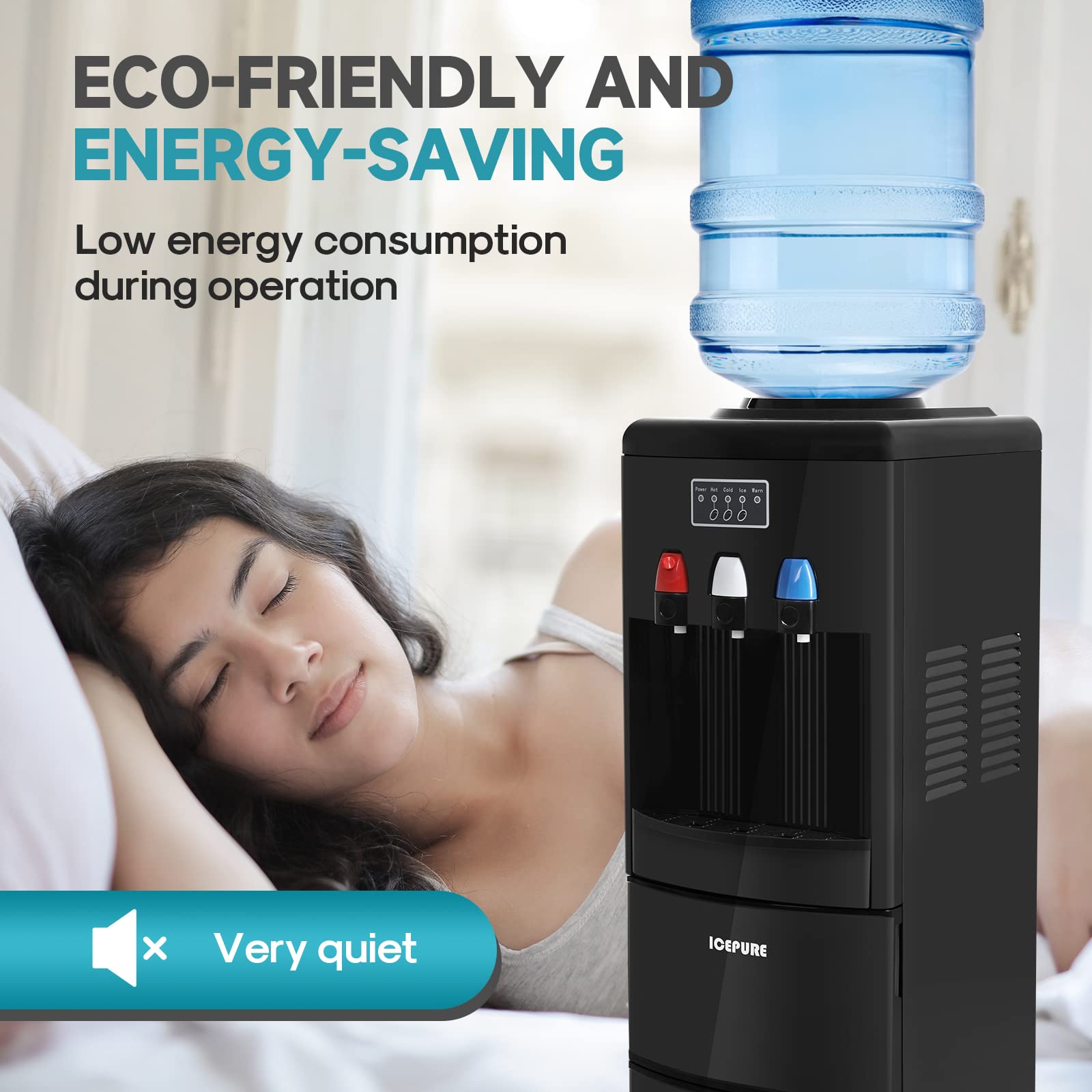 ICEPURE 3-in-1 Countertop Water Cooler Dispenser with Built-In Ice Maker - Hot, Cold & Room Temperature Water + Bullet Ice - Top Loading for 2/3/5 Gallon Bottles - 26.5 Lbs Daily Ice Production - Child Safety Lock - Black - Perfect for Home, Office & Kitchen Use