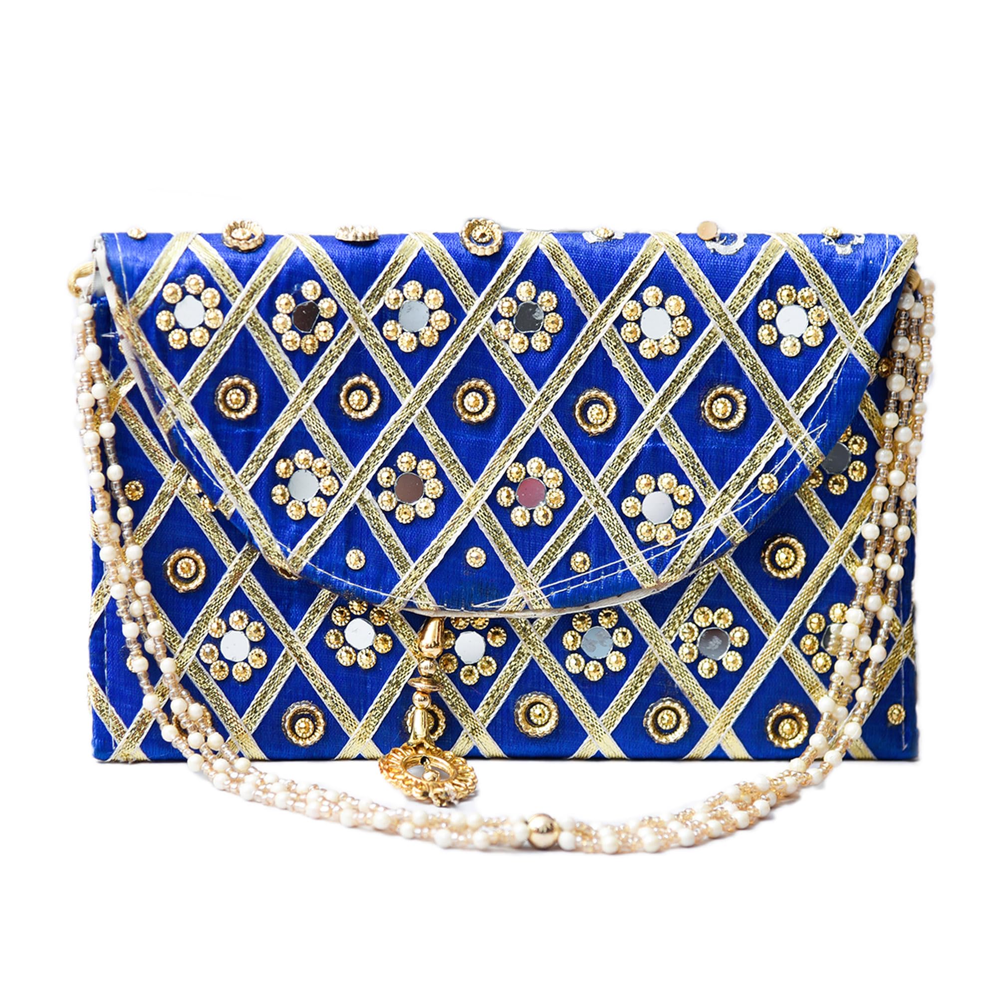 Kuber Industries Women's Clutch Purse with Handle - Traditional Shagun & Baby Shower Gift Bag - Blue Mirror Check Design for Weddings, Parties & Special Occasions