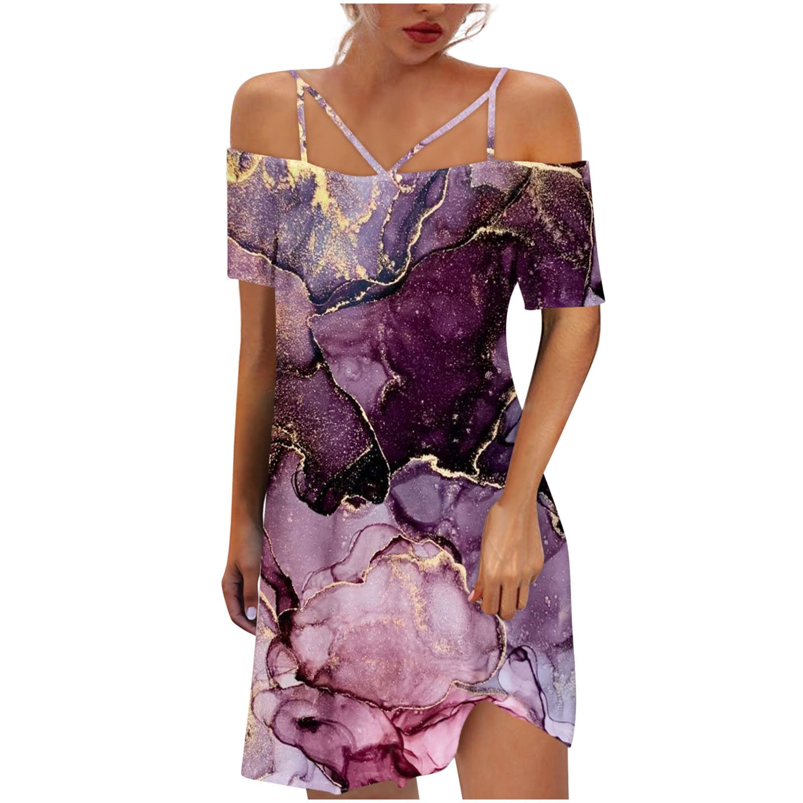 Women's Off Shoulder Summer Dresses - Short Sleeve Spaghetti Strap Casual Sundress with Floral Print | Perfect for Beach Vacations, Pool Parties & Summer Outings