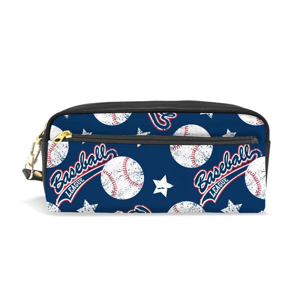 Kuizee Dark Blue Baseball Stars PU Leather Pencil Case - 7.8 Inch Zippered School Pouch for Boys, Students & Office Use - Durable Stationery Organizer for Pencils, Pens & School Supplies