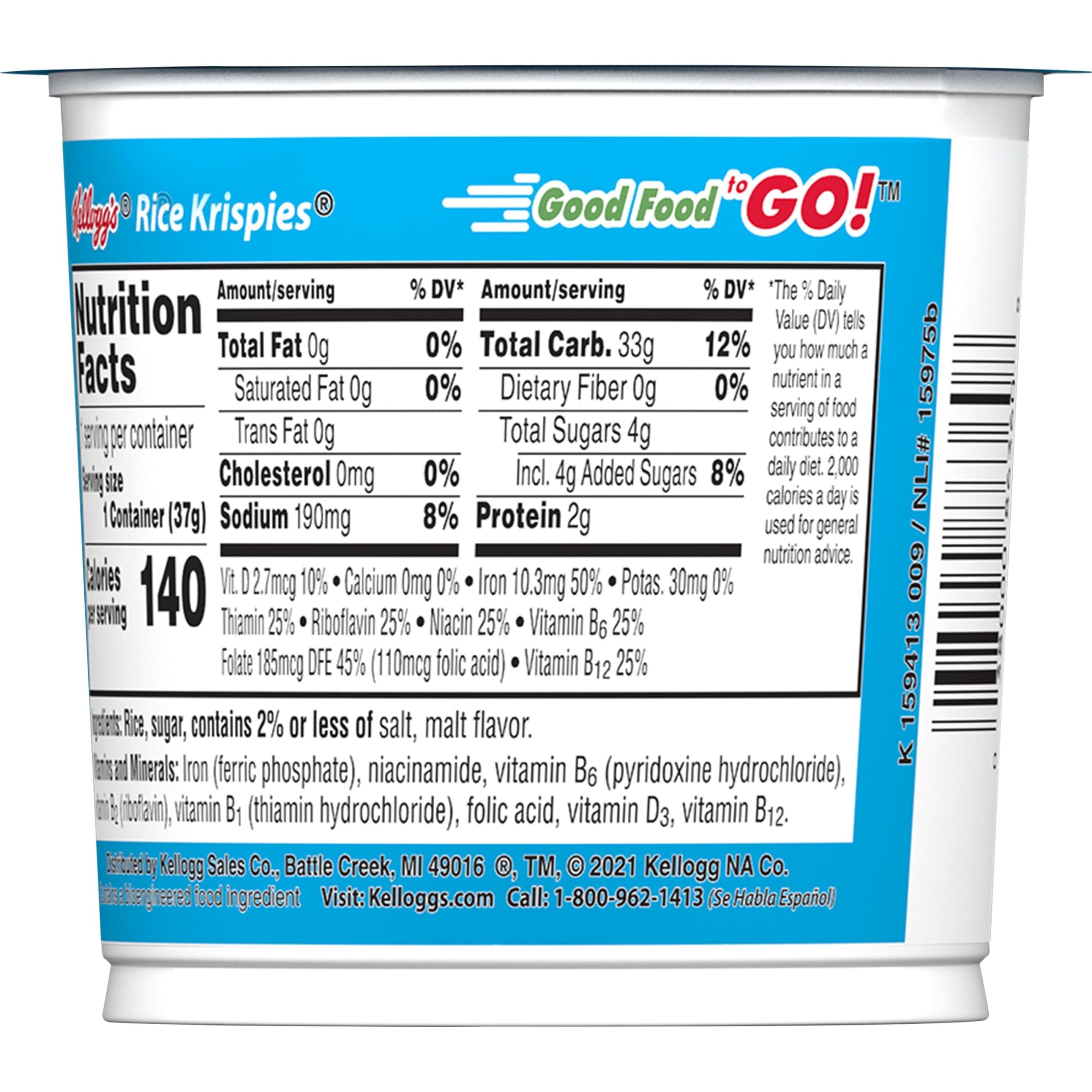 Kellogg's Rice Krispies Breakfast Cereal Cups - Original Flavor, 15.6oz (12 Pack) | Convenient On-The-Go Snacks for Kids, School Lunches & Office Breakfast | Crunchy Rice Cereal in Portable Single-Serve Cups