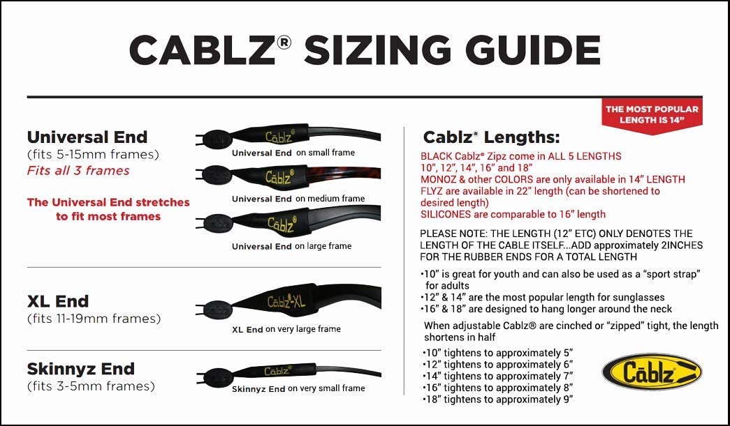 Cablz Zipz Adjustable Eyewear Retainer 16IN Universal Black - Secure Sports Glasses & Sunglasses for Running, Cycling & Outdoor Activities
