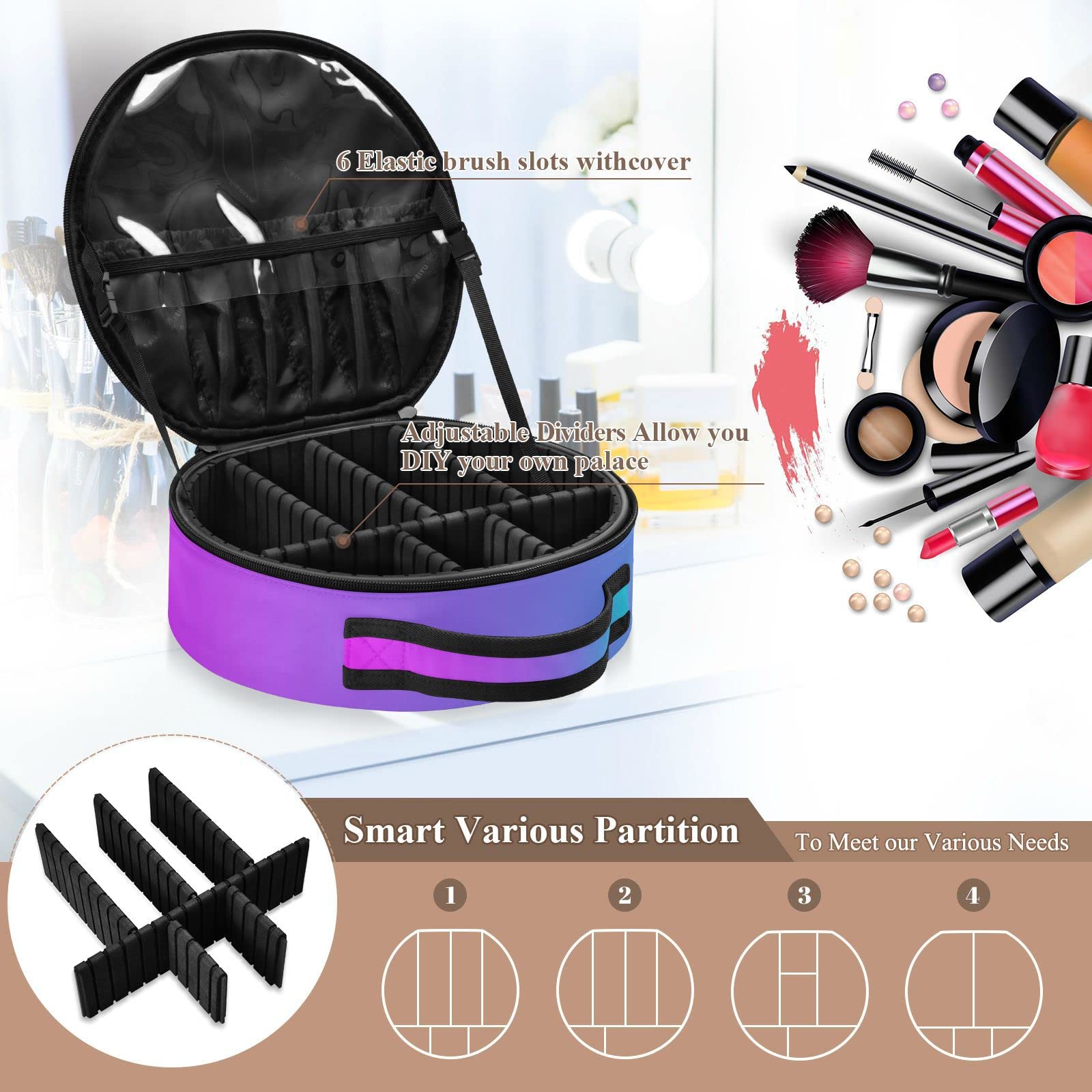 Linqin Travel Makeup Organizer - Portable Adjustable Makeup Bag for Women with Dividers, Blue Purple Gradient Cosmetic Case for Jewelry, Brushes & Toiletries | Perfect for Travel, Home Storage & On-the-Go Organization