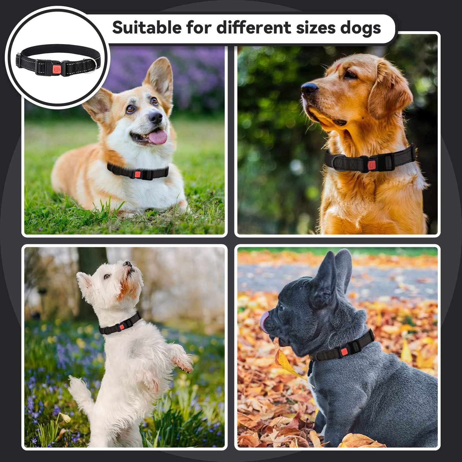 Reflective Adjustable Dog Collar - Ultra Soft Breathable Neoprene Pet Collar with Quick Release Buckle for Small Medium Large Dogs - Perfect for Night Walks, Jogging & Outdoor Adventures