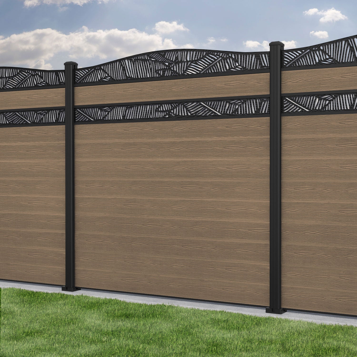 Classic Feather Curved Top Split Screen Fence Panel in Teak Wood with Aluminum Posts - Perfect for Garden Privacy, Patio Dividers & Backyard Decoration
