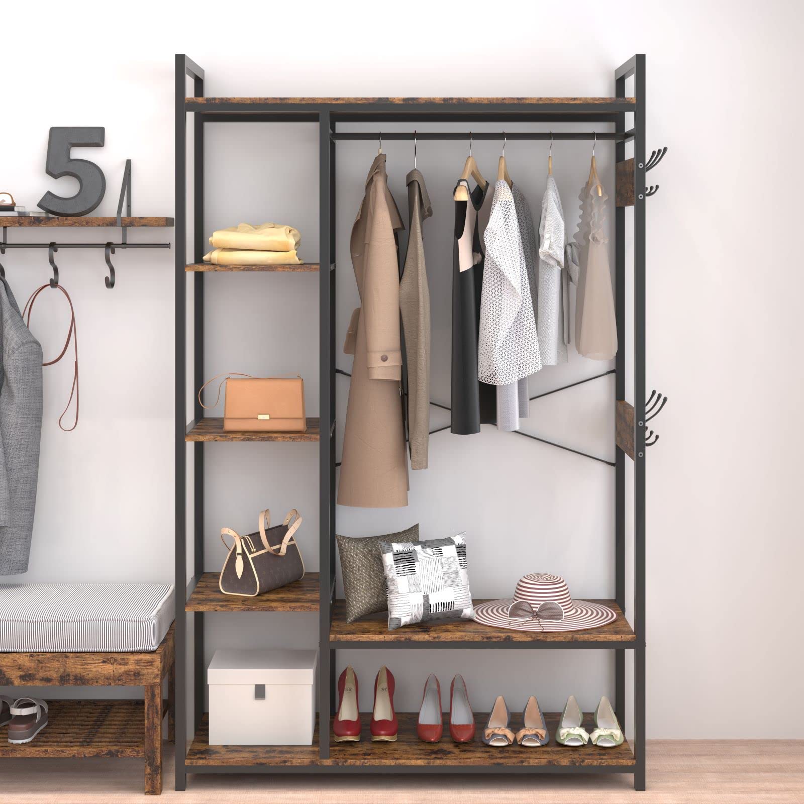 Free-Standing Closet Organizer with Storage Box & Side Hook - Portable Garment Rack with 6 Shelves & Hanging Rod - Black Metal Frame & Rustic Board Finish - Perfect for Bedroom, Closet, Dorm & Small Space Organization (Rustic Brown)