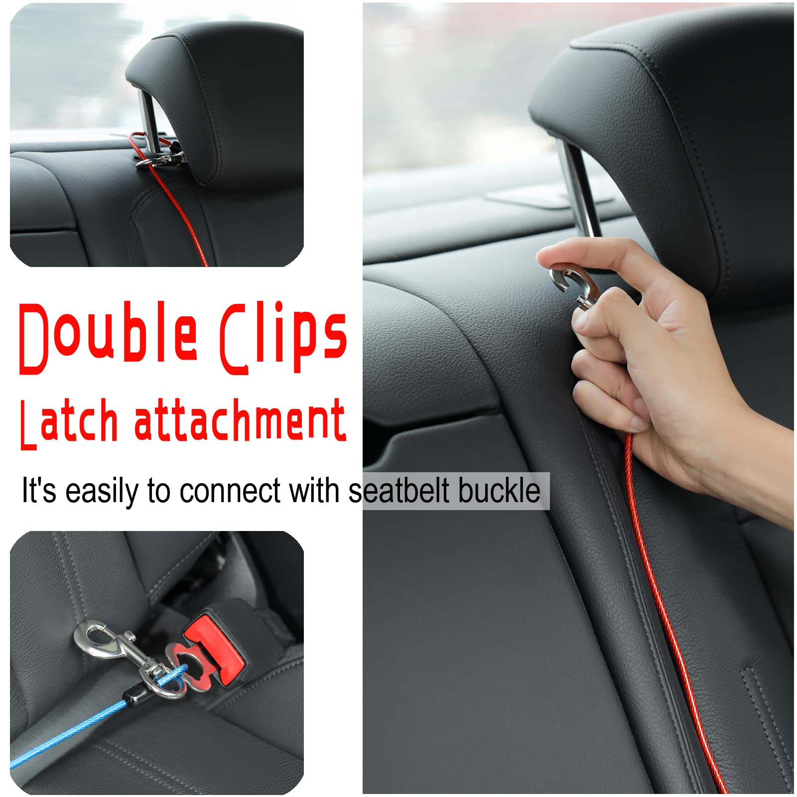 2 Pack Dog Seat Belt Harness for Car - 16 Inch/40CM No Chew Safety Restraint with Double Clips & Latch - Red & Blue Coated Wire Leash for Small to Medium Dogs - Perfect for Road Trips & Safe Car Travel
