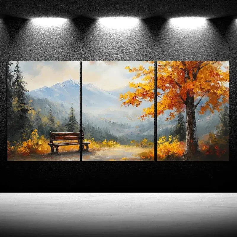 3-Piece Autumn Leaves Metal Wall Art Set - Ready to Hang Bench Scene Decor for Living Room, Bedroom & Office