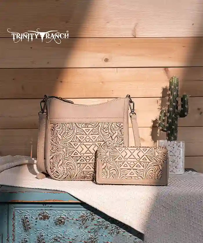 Trinity Ranch Tooled Leather Crossbody Bag Set for Women - Western Style Handbag Purse with Adjustable Strap - Perfect for Travel, Shopping & Everyday Use