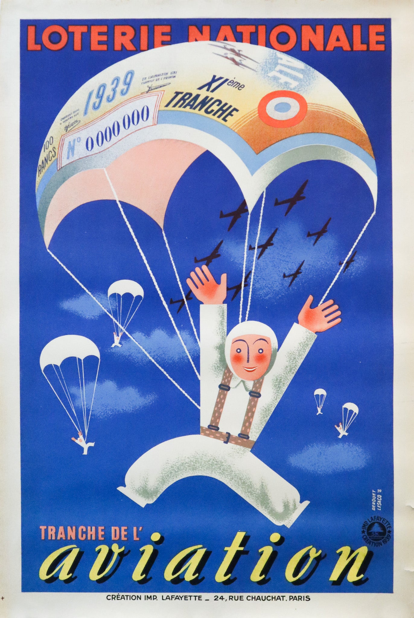 Vintage 1939 French Loterie Nationale Aviation Parachute Poster - Rare Collectible Art Deco Wall Decor for Home & Office