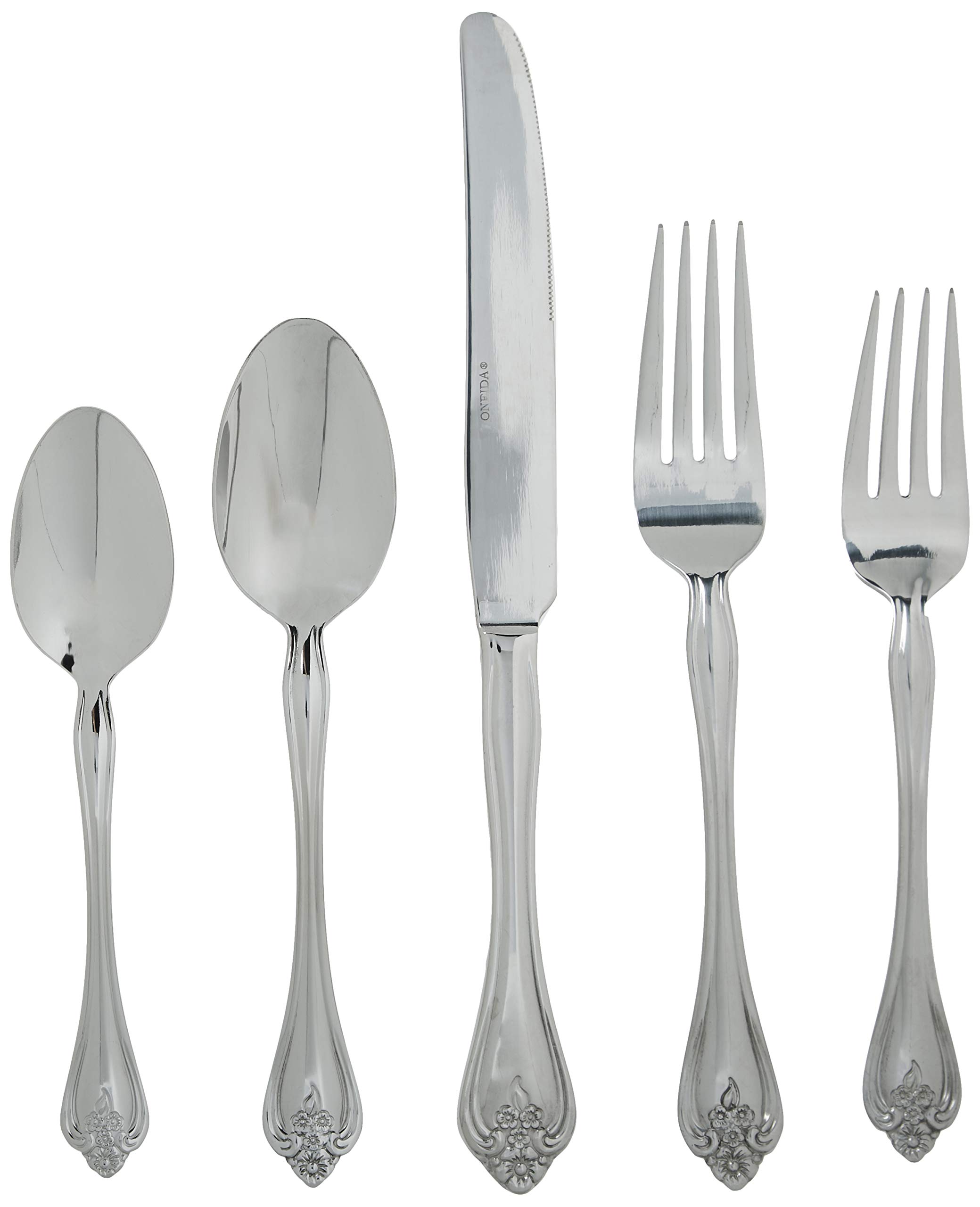 Oneida Boutonniere 45-Piece Everyday Flatware Set - Service for 8 - 18/0 Stainless Steel Silverware - Dishwasher Safe - Elegant Dining for Family Gatherings & Dinner Parties