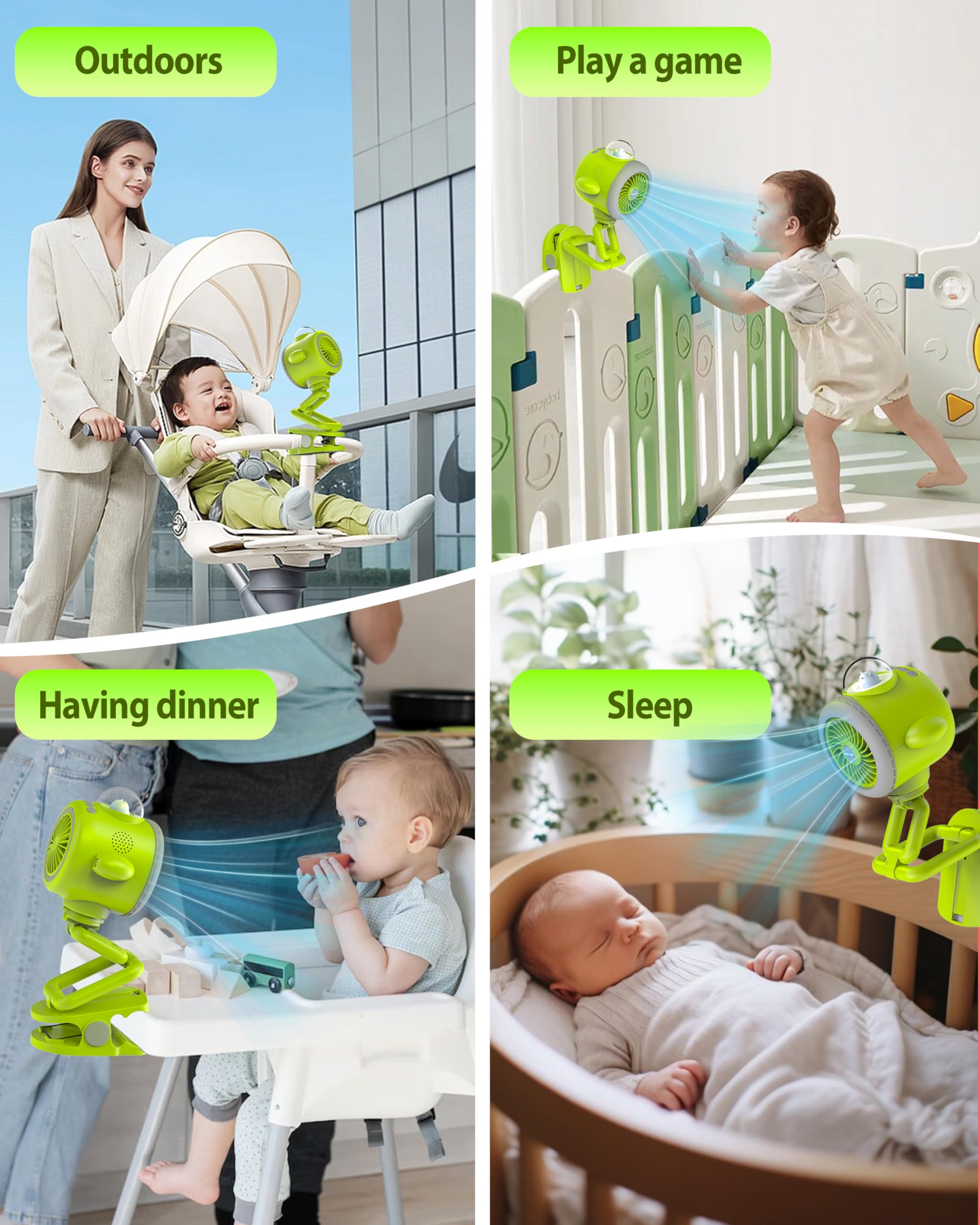 Portable Baby Stroller Fan with 5000mAh Battery - Bluetooth 5.1, Colorful LED Lights & Flashlight - 5 Speed Settings, 15H Runtime, 120° Auto Oscillating - Perfect for Car Seats, Cribs, Travel & Outdoor Activities
