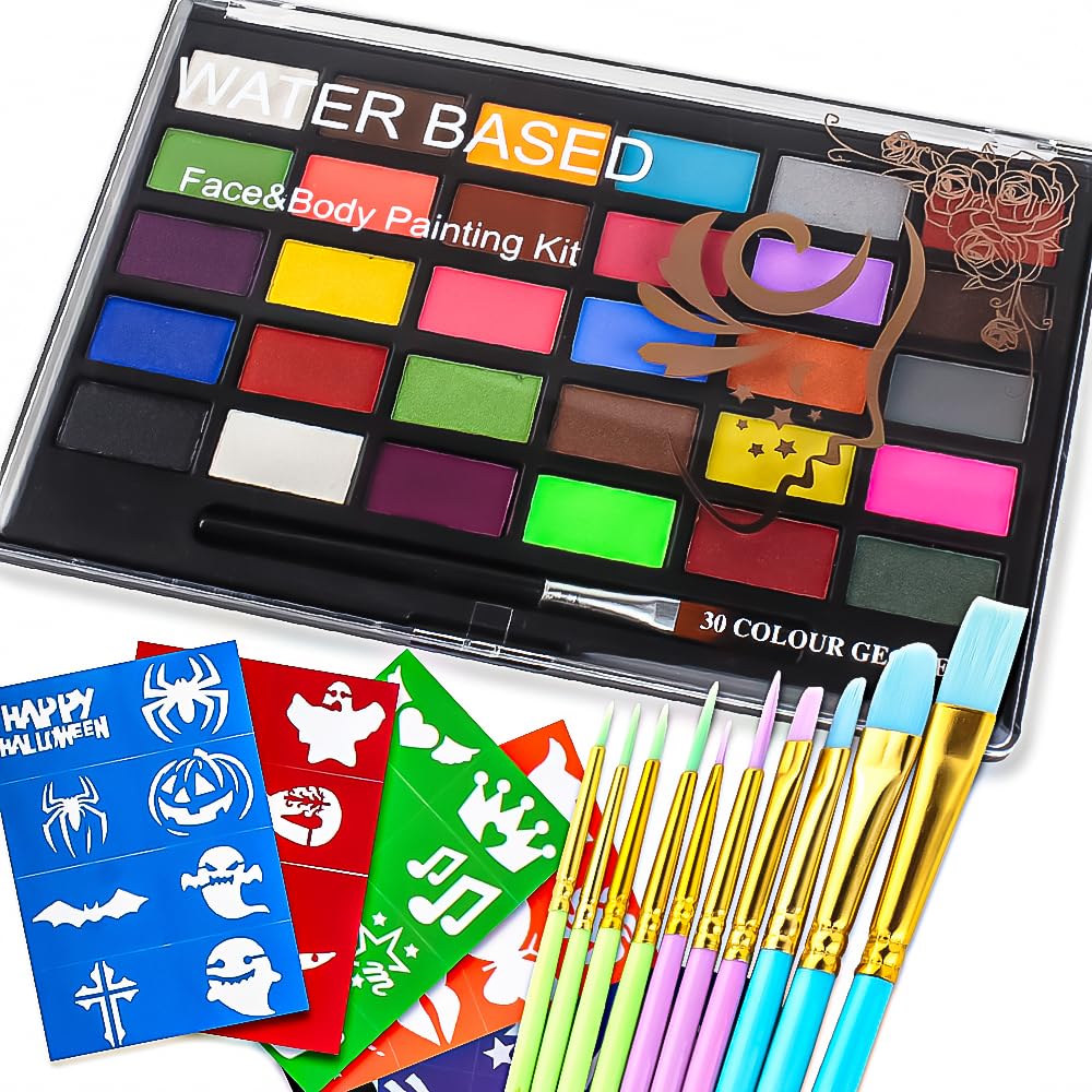 **Professional Face Paint Kit - 30 Vibrant Colors, 10 Brushes & Stencils - Safe, Non-Toxic, Easy Wash Off for Halloween, Cosplay, Carnival, Stage Performances & Kids' Birthday Parties**