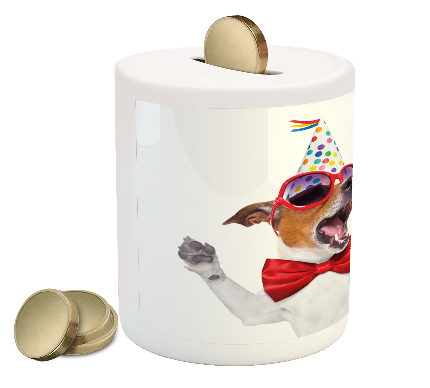 Ambesonne Popstar Party Piggy Bank - Ceramic Coin Bank with Jack Russel Dog in Sunglasses, Party Hat & Bowtie Design | Fun Money Saving Box for Kids & Adults | Perfect for Birthday Gifts, Piggy Bank Collections & Home Decor