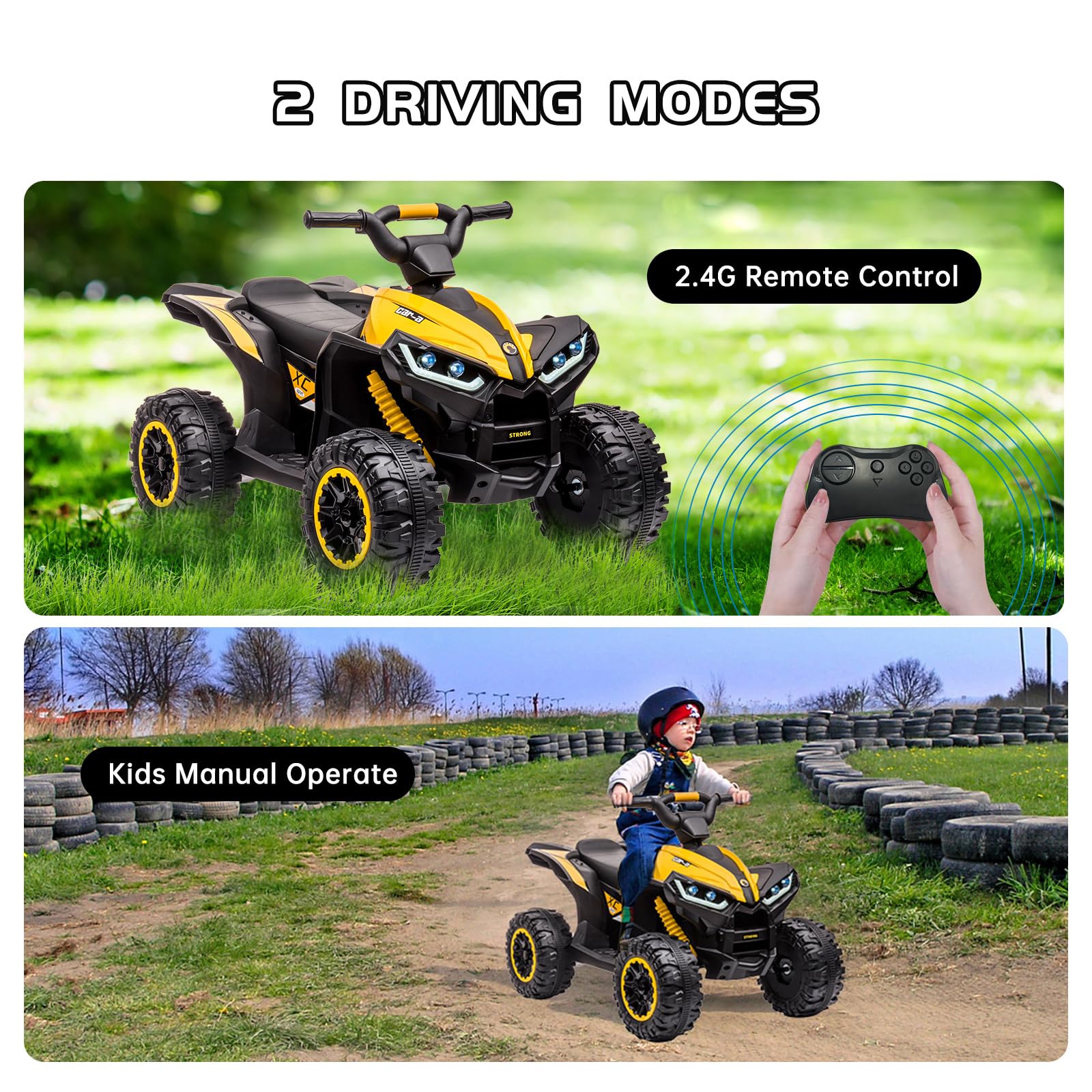 12V Kids Electric ATV Ride-On Toy - 4 Wheeler Battery Powered Quad Vehicle with Music, Horn, LED Lights & Dual Speed - Safe Soft Start for Boys & Girls Ages 3-8 - Perfect Birthday Gift & Outdoor Play Toy (Yellow)