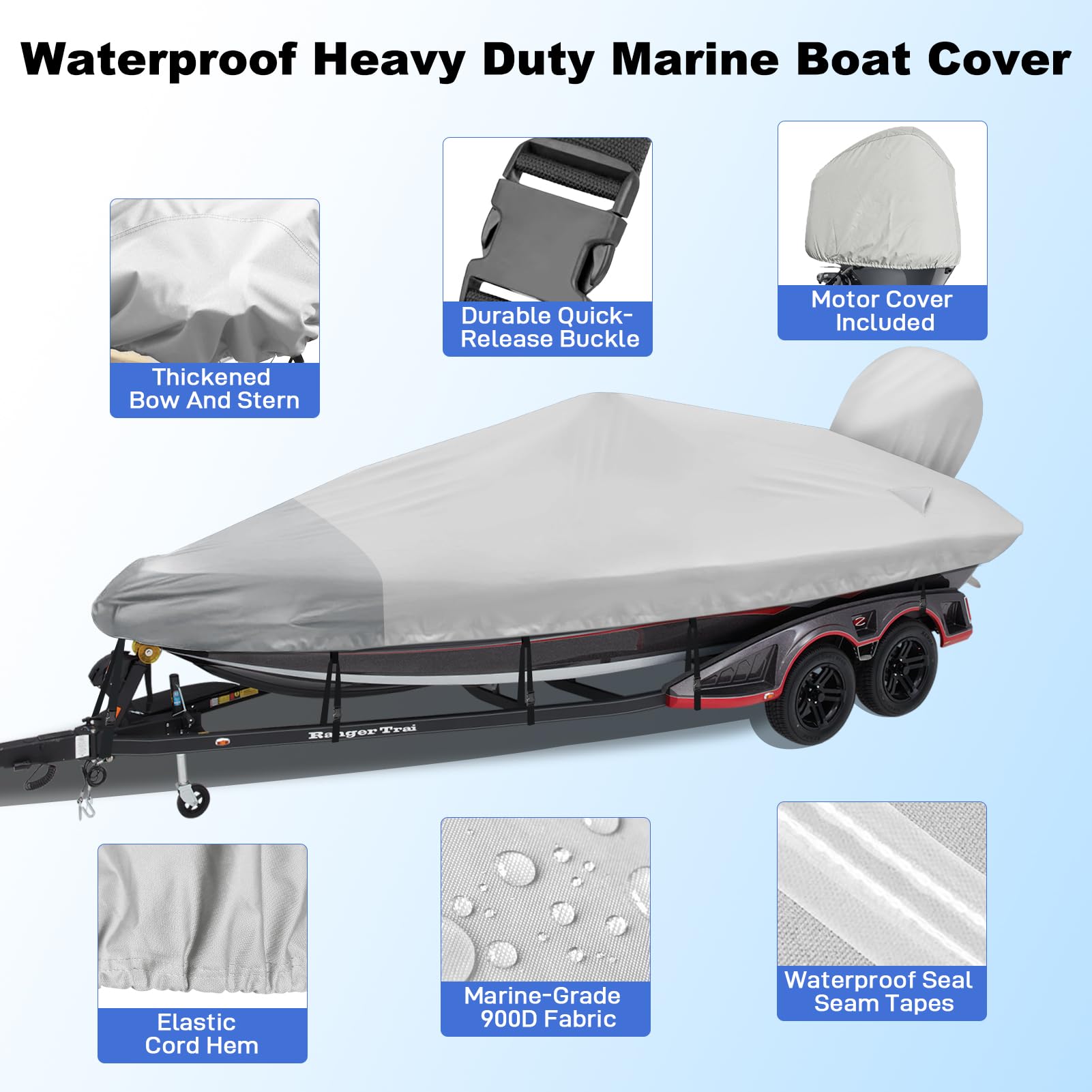 17-19ft Bass Boat Cover - 1200D Waterproof Marine Canvas with Mooring Kit for V-Hull & Runabout Boats - Gray
