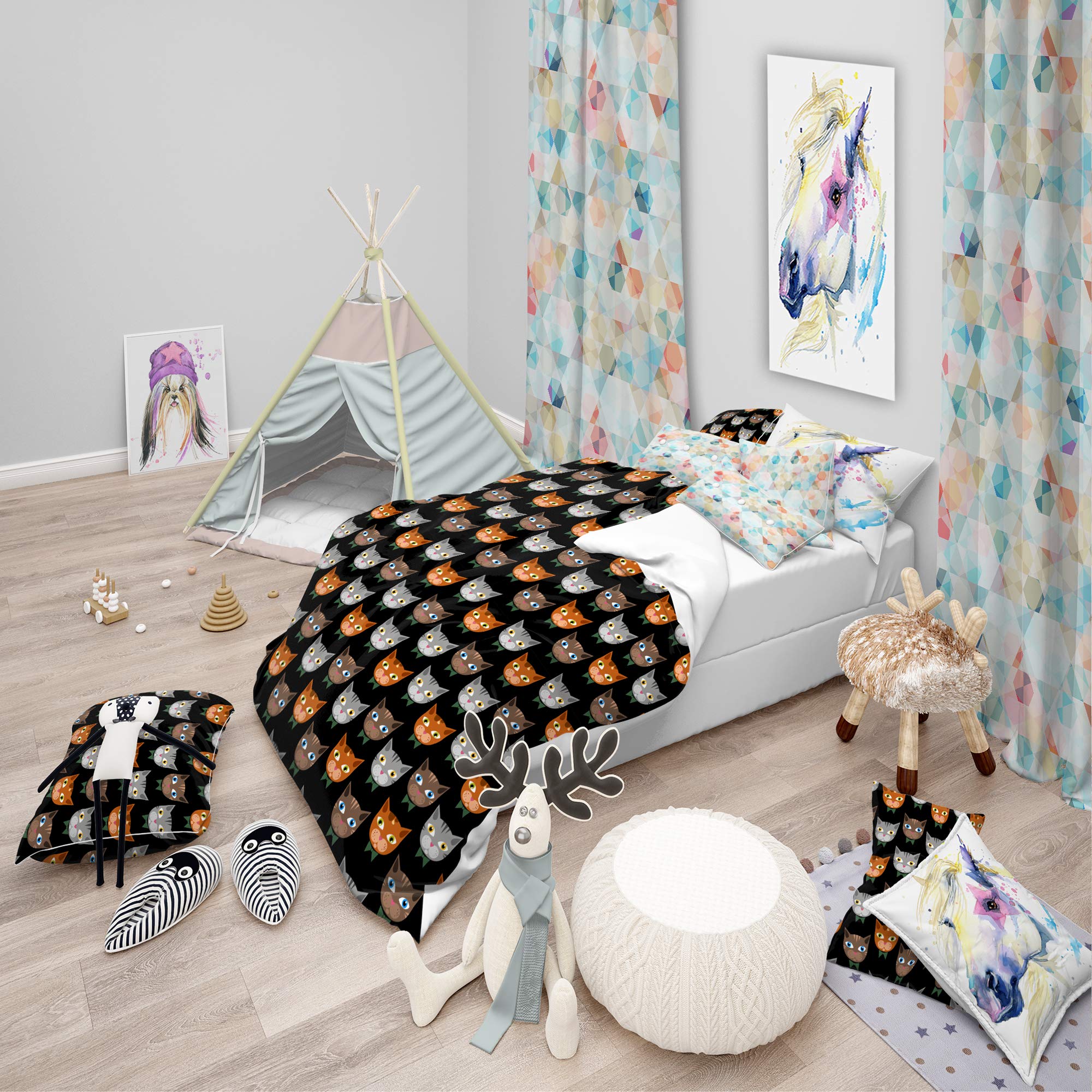 Cute Cats Pattern Kids Duvet Cover Set - Soft Modern Bedding for Boys & Girls - Perfect for Nursery, Bedroom Decor & Gift
