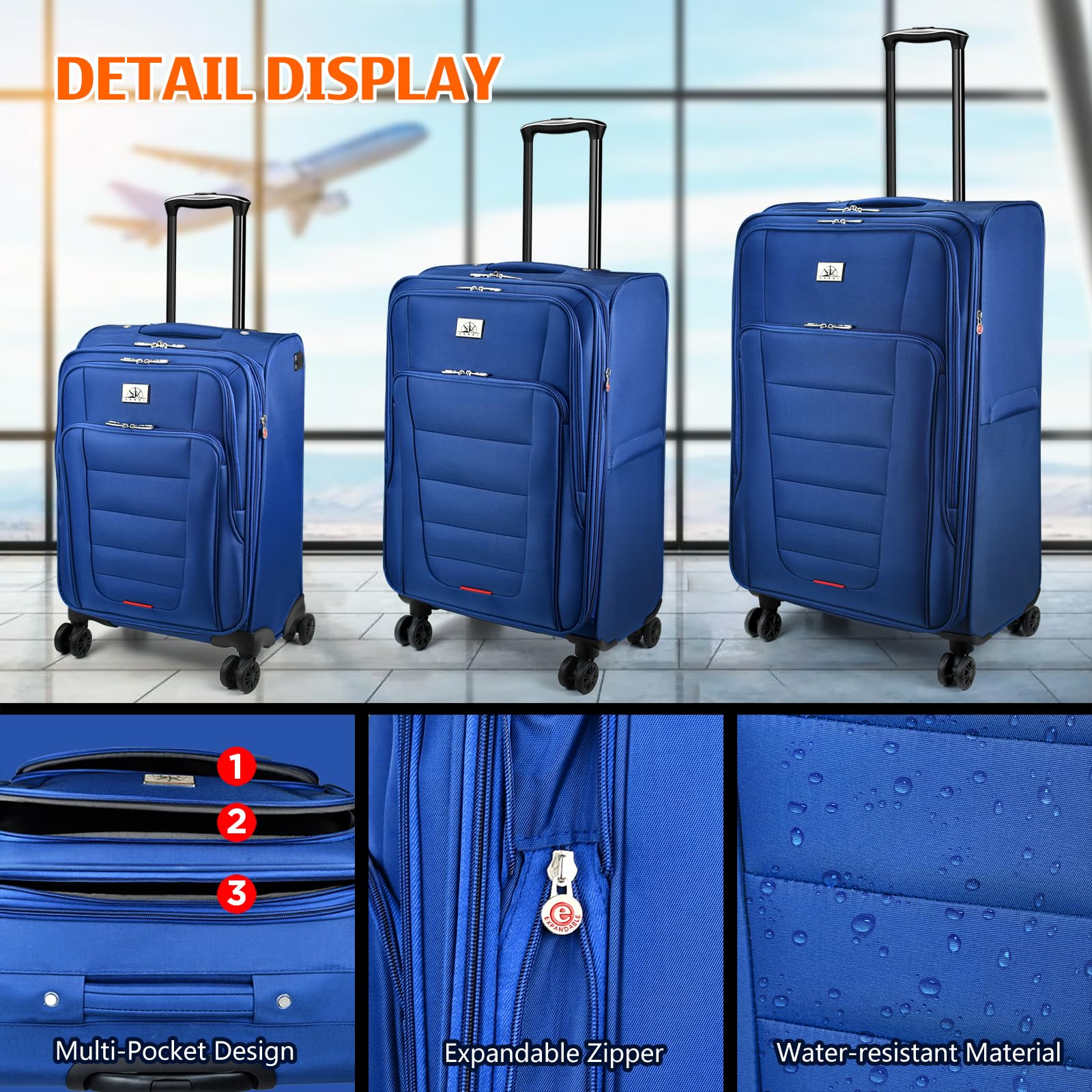 Verdi 24-Inch Expandable Lightweight Spinner Luggage - Softside Suitcase for Travel, Navy Blue, Checked-Large Size | Perfect for Air Travel, Business Trips & Family Vacations