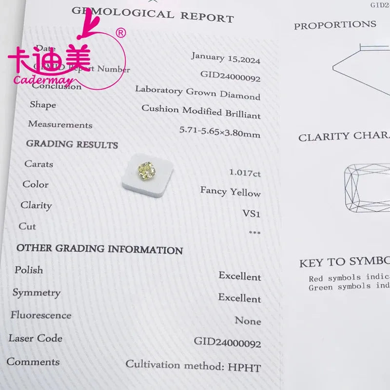 1.017 CT Cushion Cut Fancy Yellow VS1 HTHP Lab Grown Loose Diamond for Jewelry Making - Engagement Rings, Necklaces & Custom Designs
