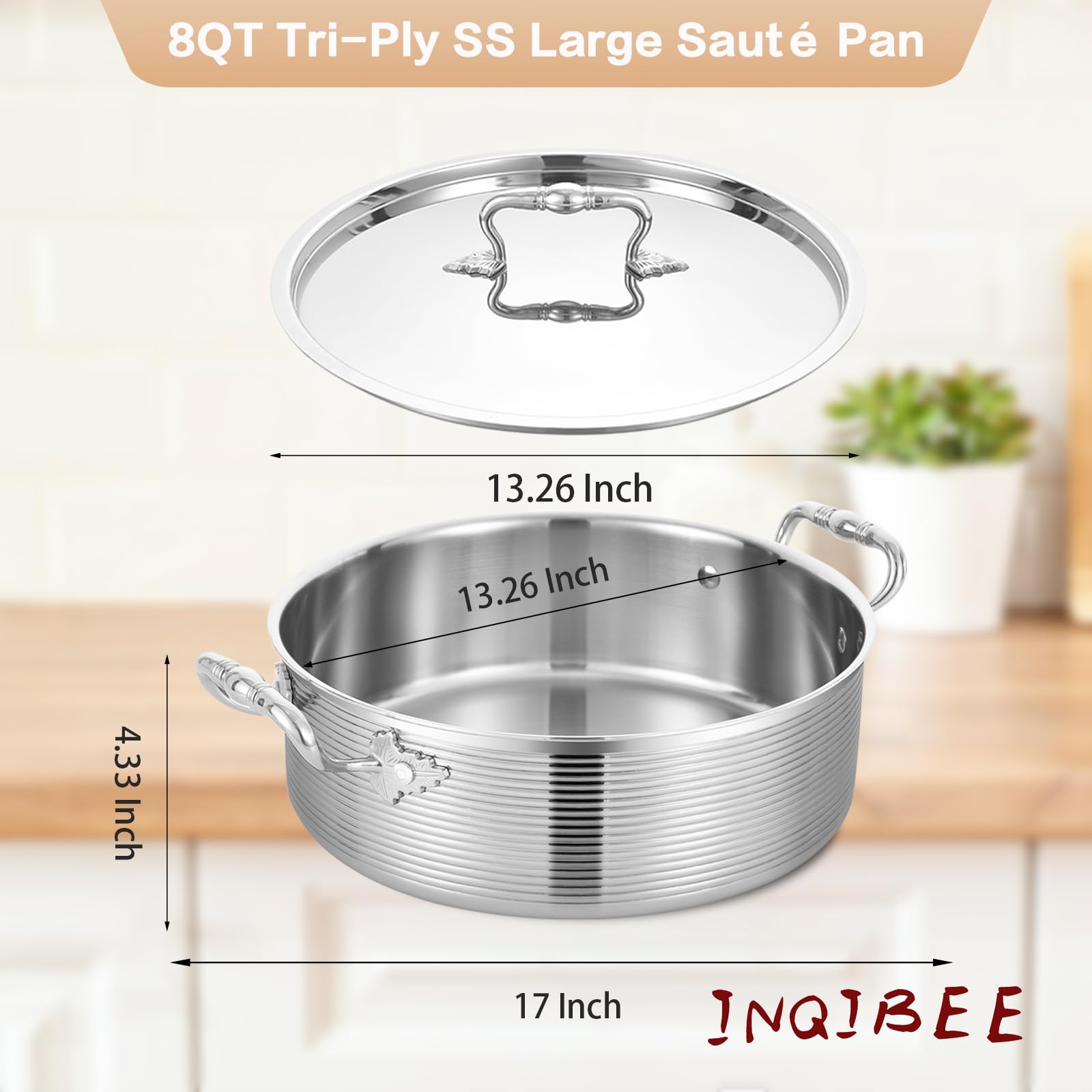 Inqibee Tri-Ply Stainless Steel 8 QT Sauté Pan with Lid - 13 Inch Induction Compatible Deep Frying Pan, Braiser, Large Skillet & Jumbo Cooker - Heavy Duty, Dishwasher & Oven Safe - Perfect for Searing, Frying & Slow Cooking