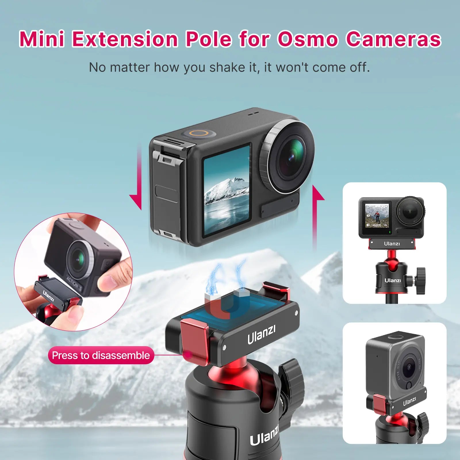 Ulanzi Magnetic Quick Release Tripod Mount for DJI Action 2/3/4 Camera - 2829A Lightweight Aluminum Alloy Travel Tripod for Vlogging, Hiking & Outdoor Adventures