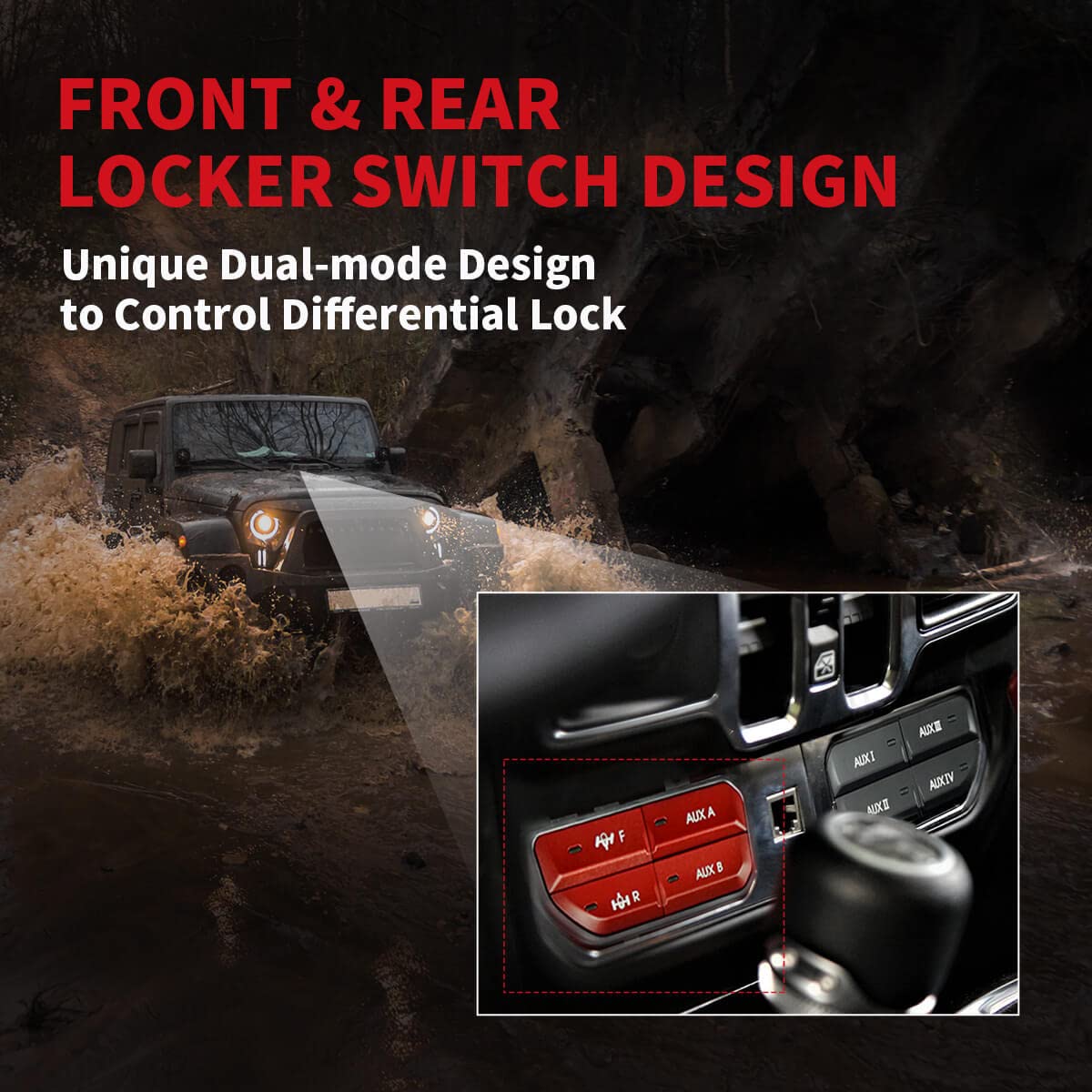 LASFIT Auxiliary Switch Bank Kit - 4 Button Dash Panel for Jeep Wrangler JL (2018-2023) & Gladiator JT (2019-2023) - OEM Style Plug & Play Front/Rear Locker Switch - No Software Update Needed - Red LED Backlight - Perfect for Off-Roading & Custom Lighting Control