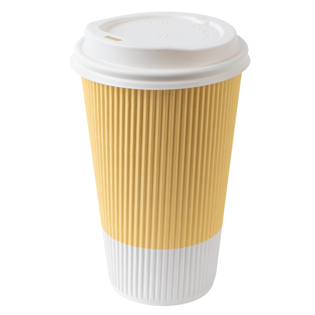 16 oz Light Yellow Ripple Wall Paper Coffee Cups with White Lids - 200 Count Bulk Pack (3.5