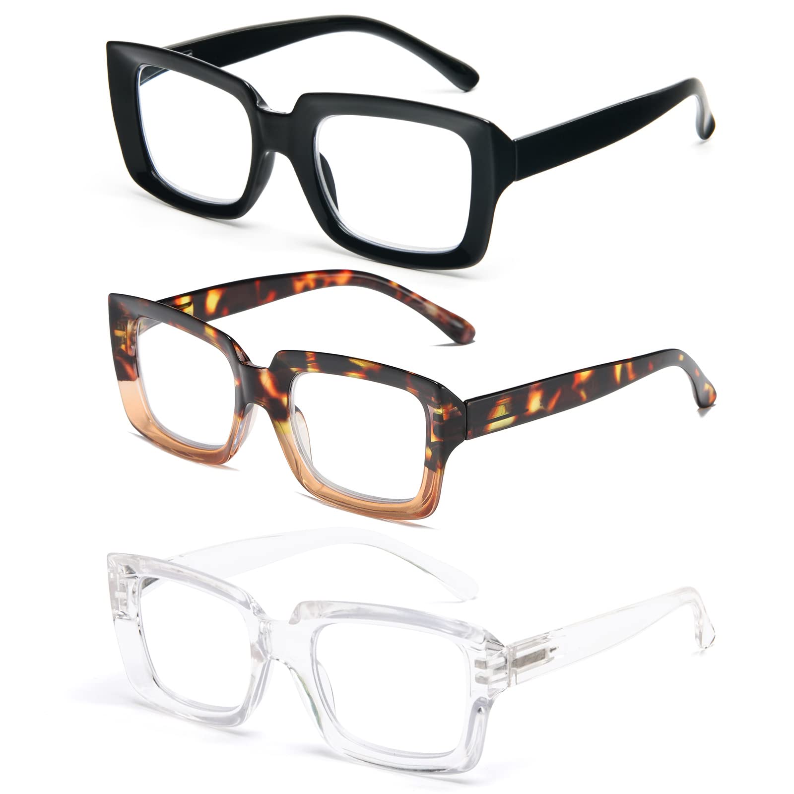 PRTCSLWD Square Reading Glasses for Women - 3 Pack Fashion Oversized Blue Light Blocking Glasses +3.5 Magnification | Perfect for Computer Work, Reading & Screen Time Protection