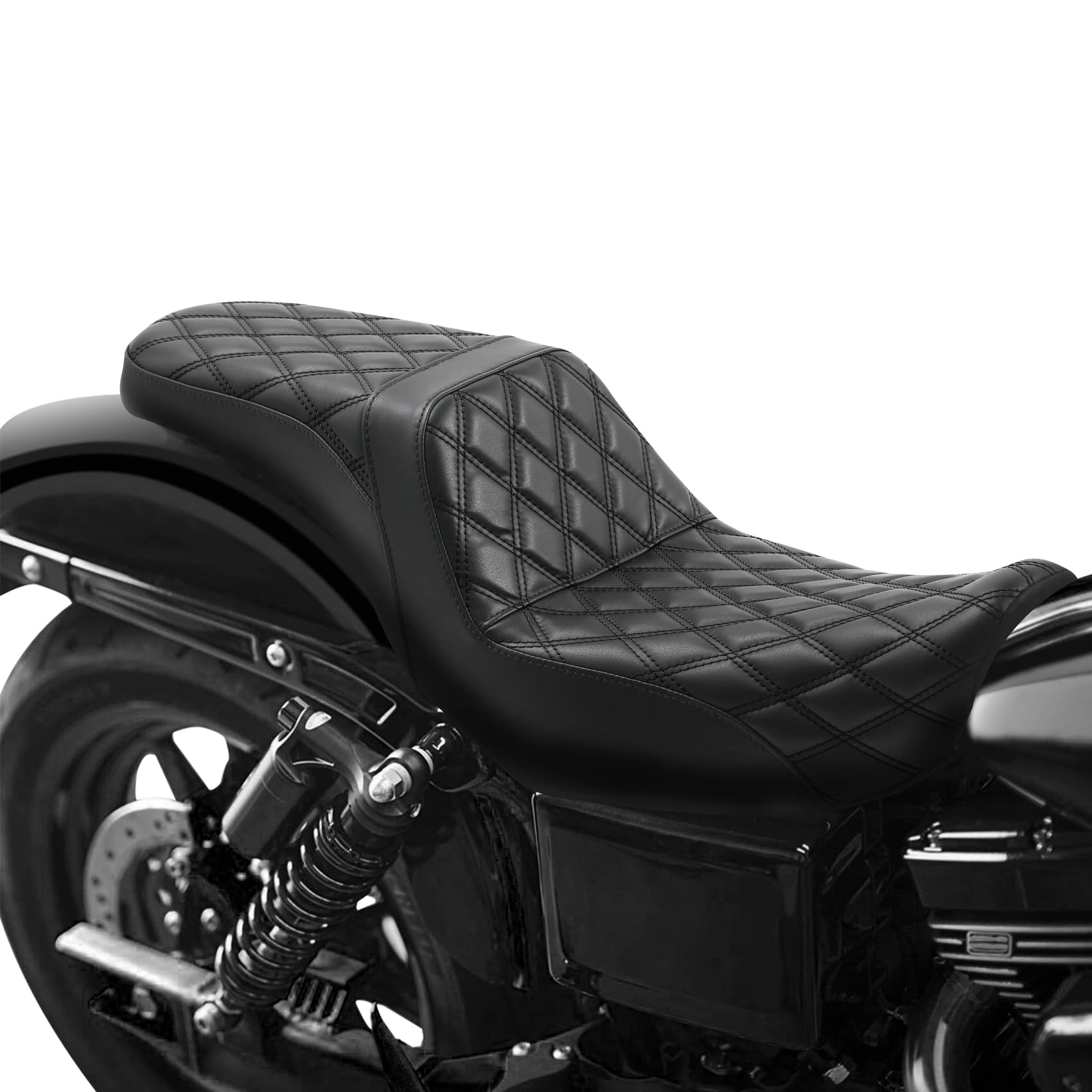SLMOTO Diamond Pattern Driver & Rear Passenger Seat for Harley Dyna Super Glide Street Bob Wide Glide Fat Bob Low Rider Switchback 2006-2017 - Black Stitching | Comfortable Motorcycle Seat for Long Rides & Cruising