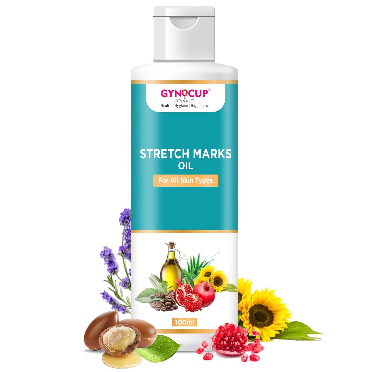 GYNOCUP Stretch Marks Removal Oil 100ml - Natural Pomegranate, Sunflower, Olive & Turmeric Oil for Pregnancy & Postpartum Care | Minimizes Stretch Marks, Improves Skin Elasticity & Scar Removal | Safe, Toxin-Free Body Oil for Expecting Mothers | Perfect for Daily Skincare Routine & Postpartum Recovery