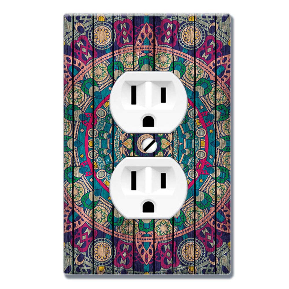 WIRESTER Duplex Outlet Cover Wall Plate - Bohemian Blue Mandala Wood Look Switch Plate for Home Decor | Bedroom, Living Room, Office Decor Upgrade