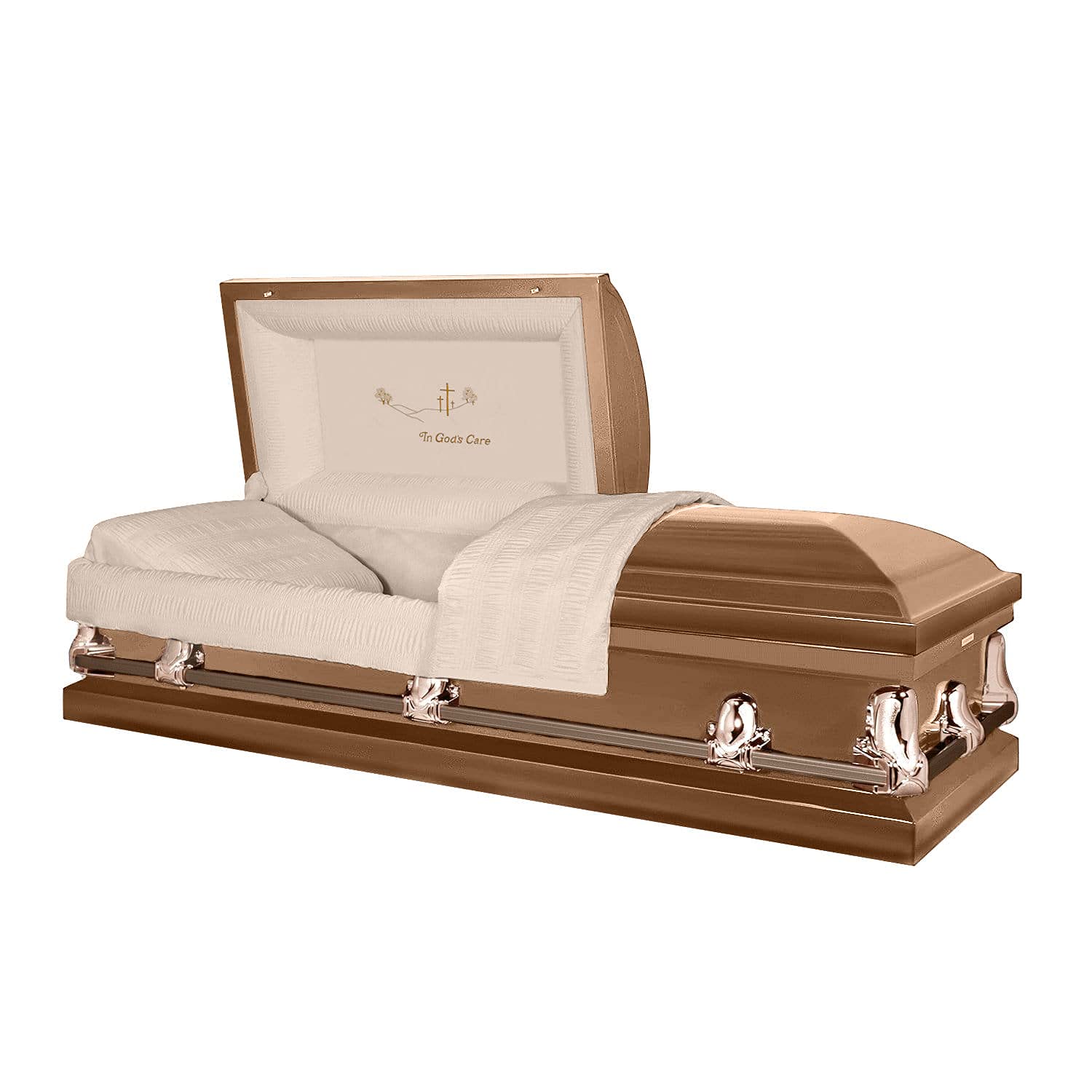 Handcrafted Titan Casket Orion Panel Collection - Copper Finish with Rosetan Interior & 'In God's Care' Head Panel - Premium Funeral Casket for Memorial Services & Burial Ceremonies