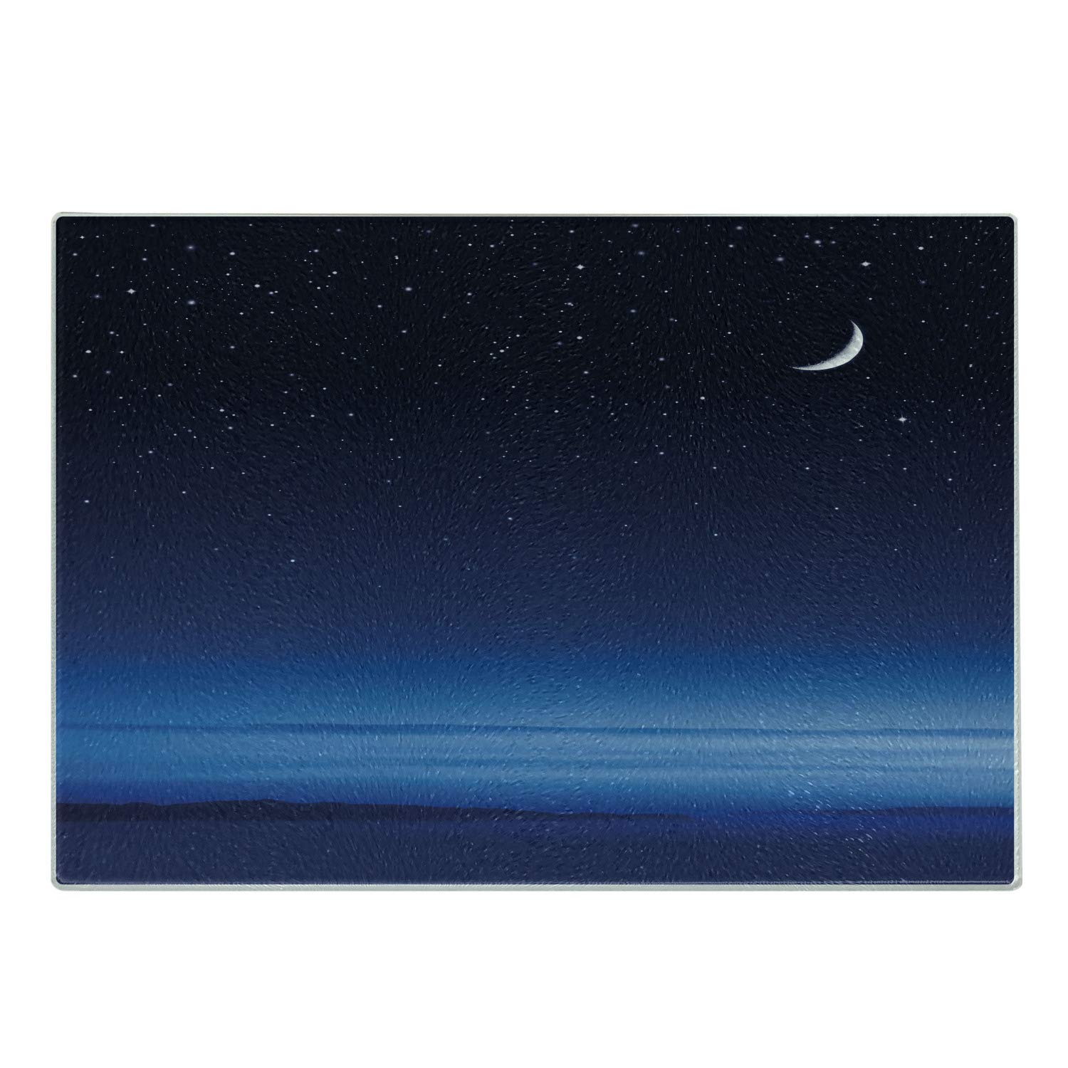 Ambesonne Night Themed Cutting Board - Moon and Stars Over Santa Barbara Channel, Infinity Foggy Pacific Ocean Design - Tempered Glass Decorative Serving Board for Cheese, Charcuterie - Small Size Dark Blue Sky Blue White - Perfect for Dinner Parties, Gifts, and Kitchen Decor