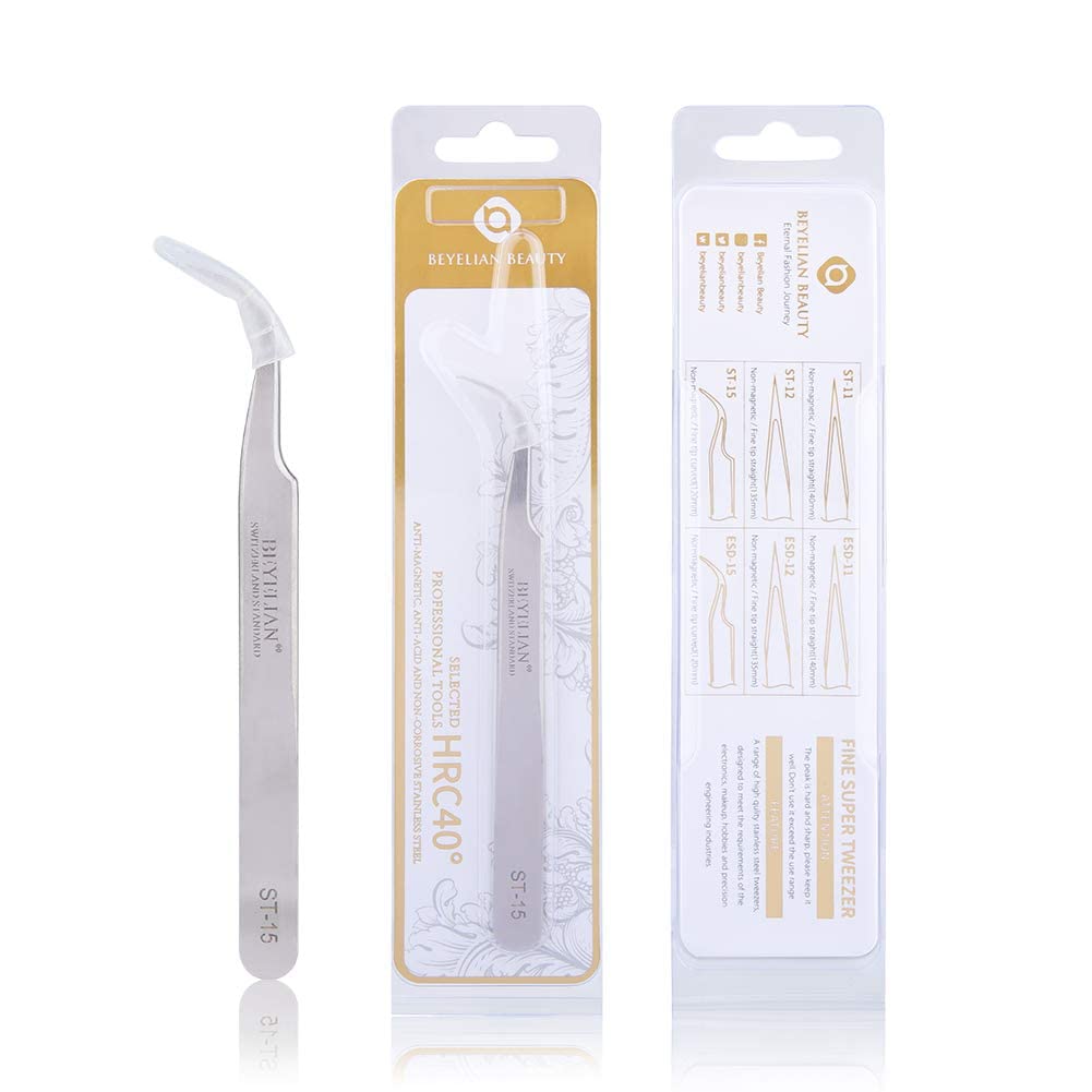 BEYELIAN Professional Eyelash Extension Tweezers - Curved Tip Stainless Steel Lashes Tweezers ST-15 for Salon & Home Use - Perfect for Lash Artists & Makeup Enthusiasts