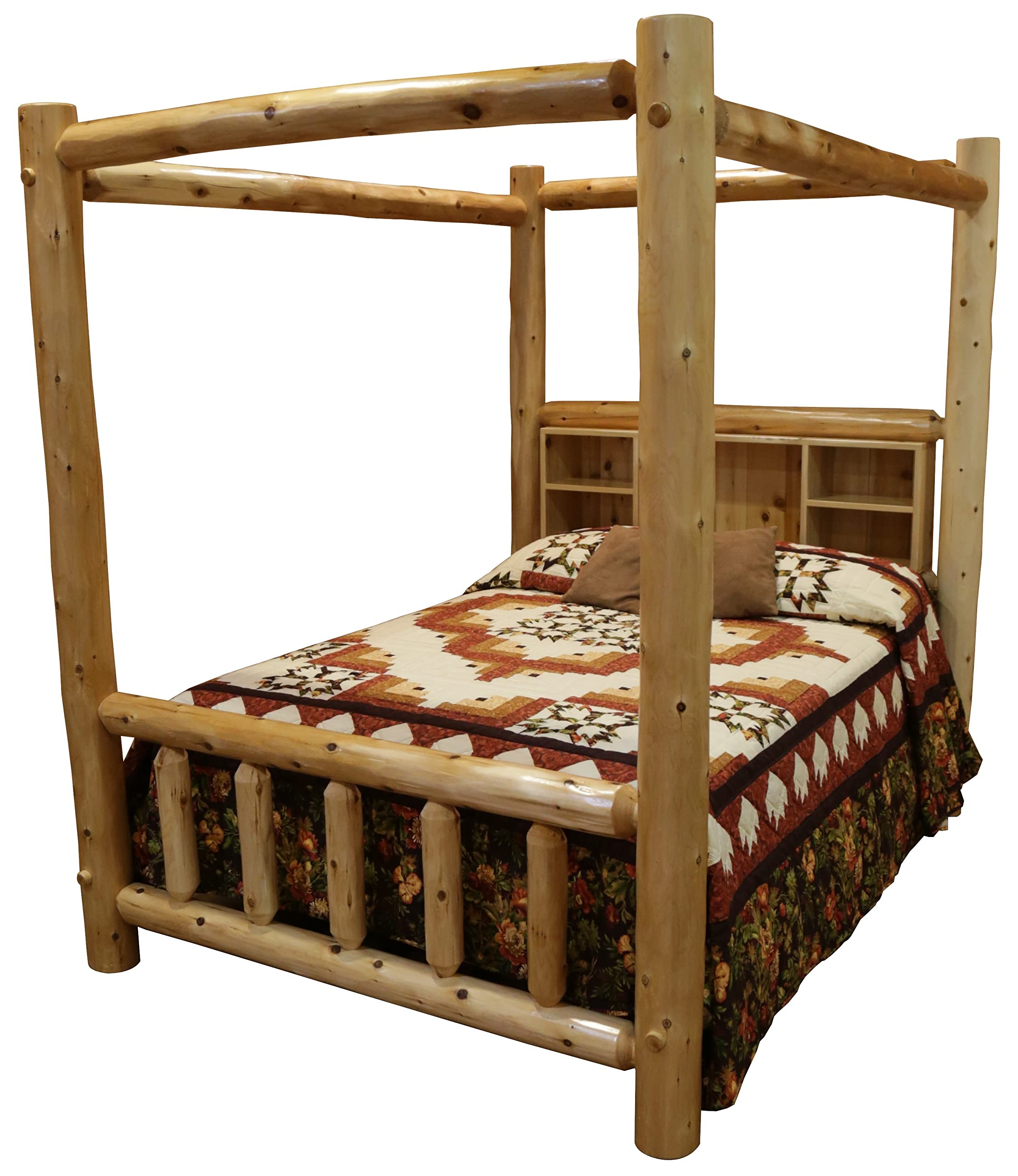 White Cedar Log Queen Canopy Bookshelf Bed by Furniture Barn USA - Rustic Bedroom Furniture for Cozy Cabin & Farmhouse Decor