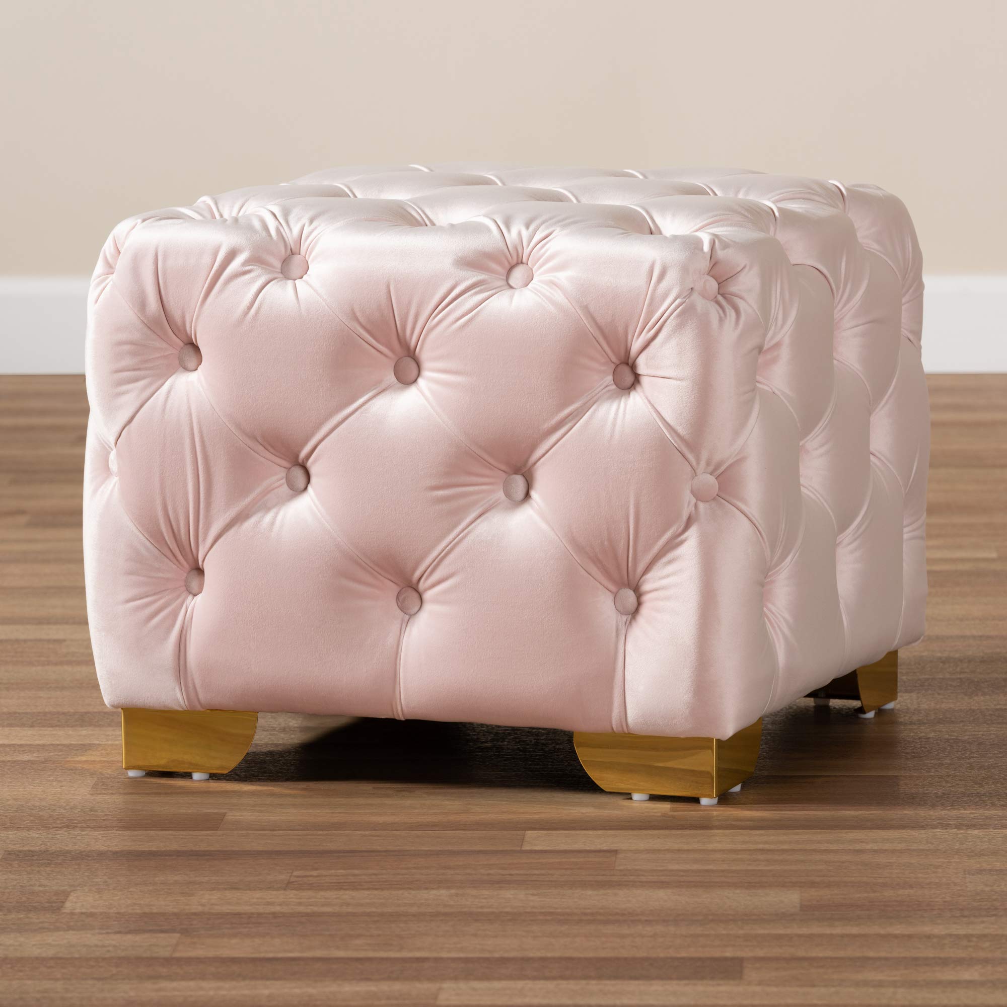 Baxton Studio Light Pink & Gold Ottoman with Storage - Modern Footstool Pouf for Living Room, Bedroom, or Nursery - Soft Upholstered Seat with Sturdy Metal Legs