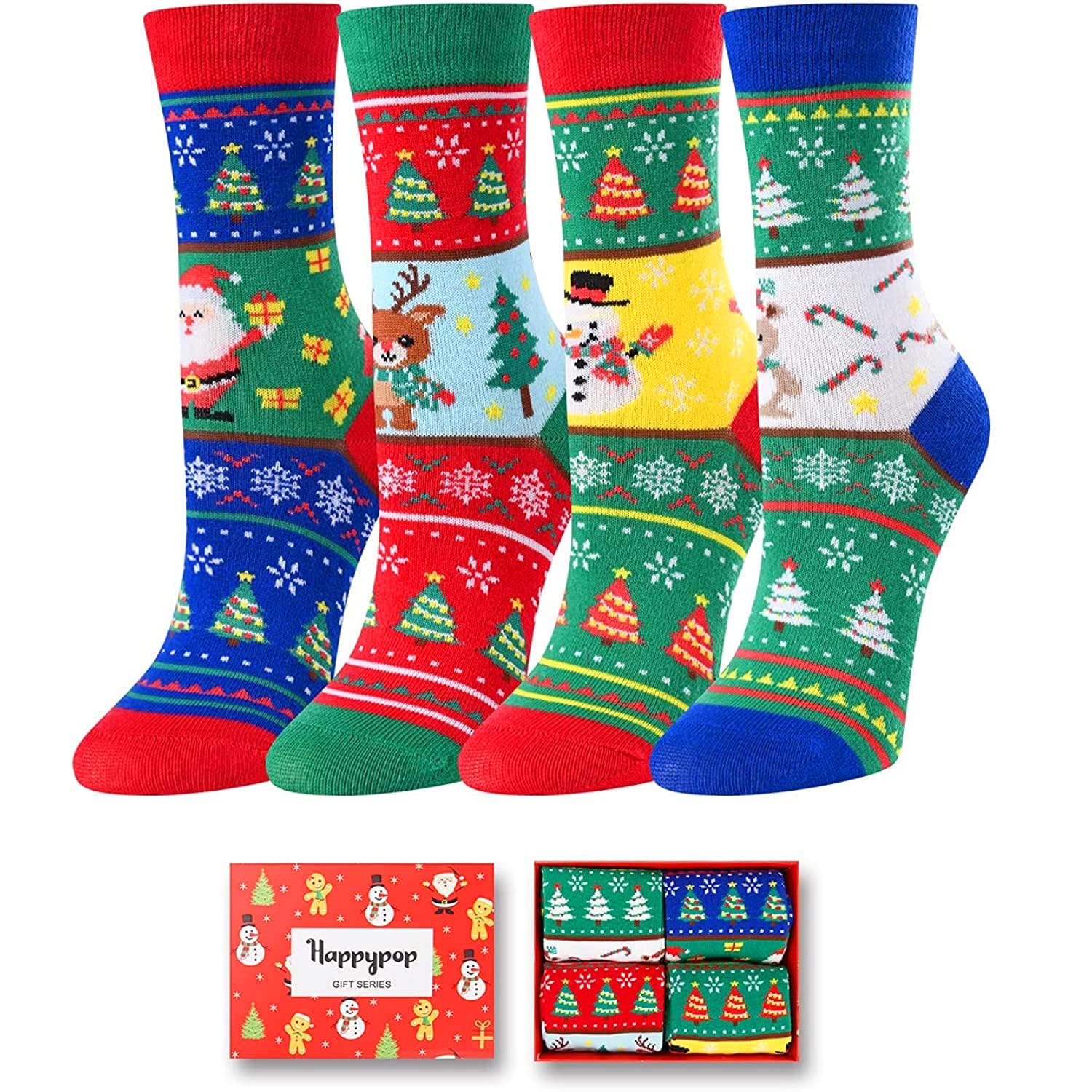 HappyPop Christmas Stocking Socks 4-Pack for Kids, Women & Men - Festive Holiday Socks for Stocking Stuffers, Xmas Gifts & Cozy Winter Wear - Perfect for Christmas Parties, Family Gatherings & Holiday Gift Exchanges