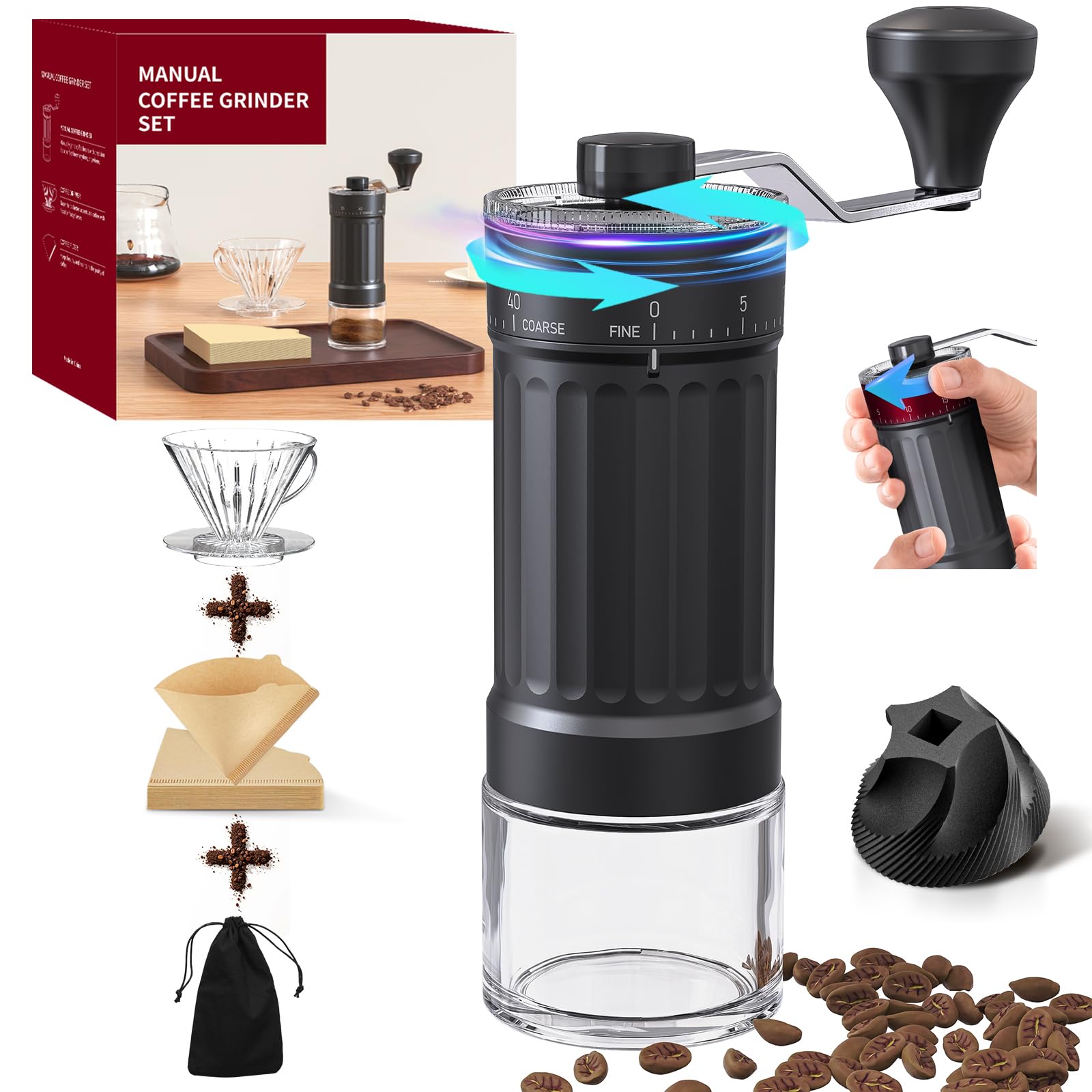 Premium Manual Coffee Grinder with 40-Level Adjustable Ceramic Burr - Portable Hand Crank Mill with Pour Over Dripper, 50 V60 Filters & Storage Bag - Perfect for Camping, Travel & Home Brewing