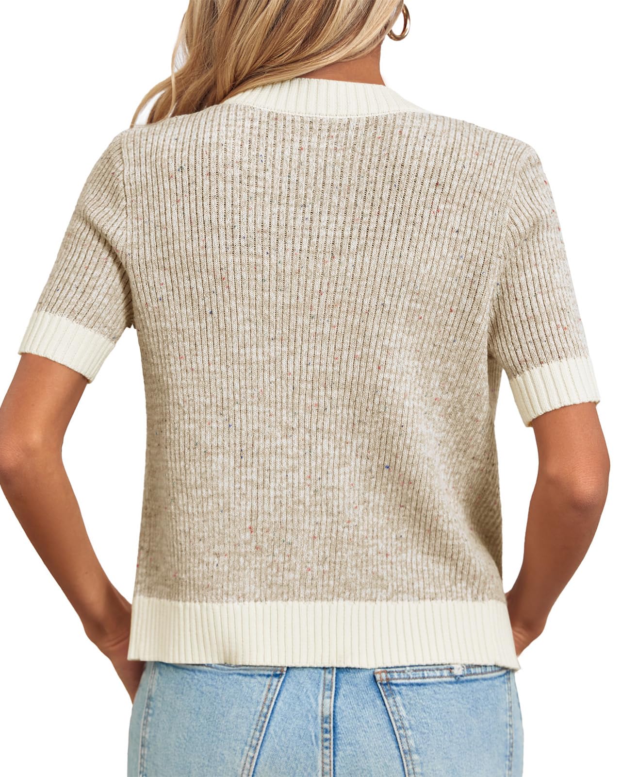 Langwyqu Women's Lightweight Cropped Button Down Cardigan Sweater - Short Sleeve Crew Neck Elegant Top for Casual Wear, Office & Spring Outfits