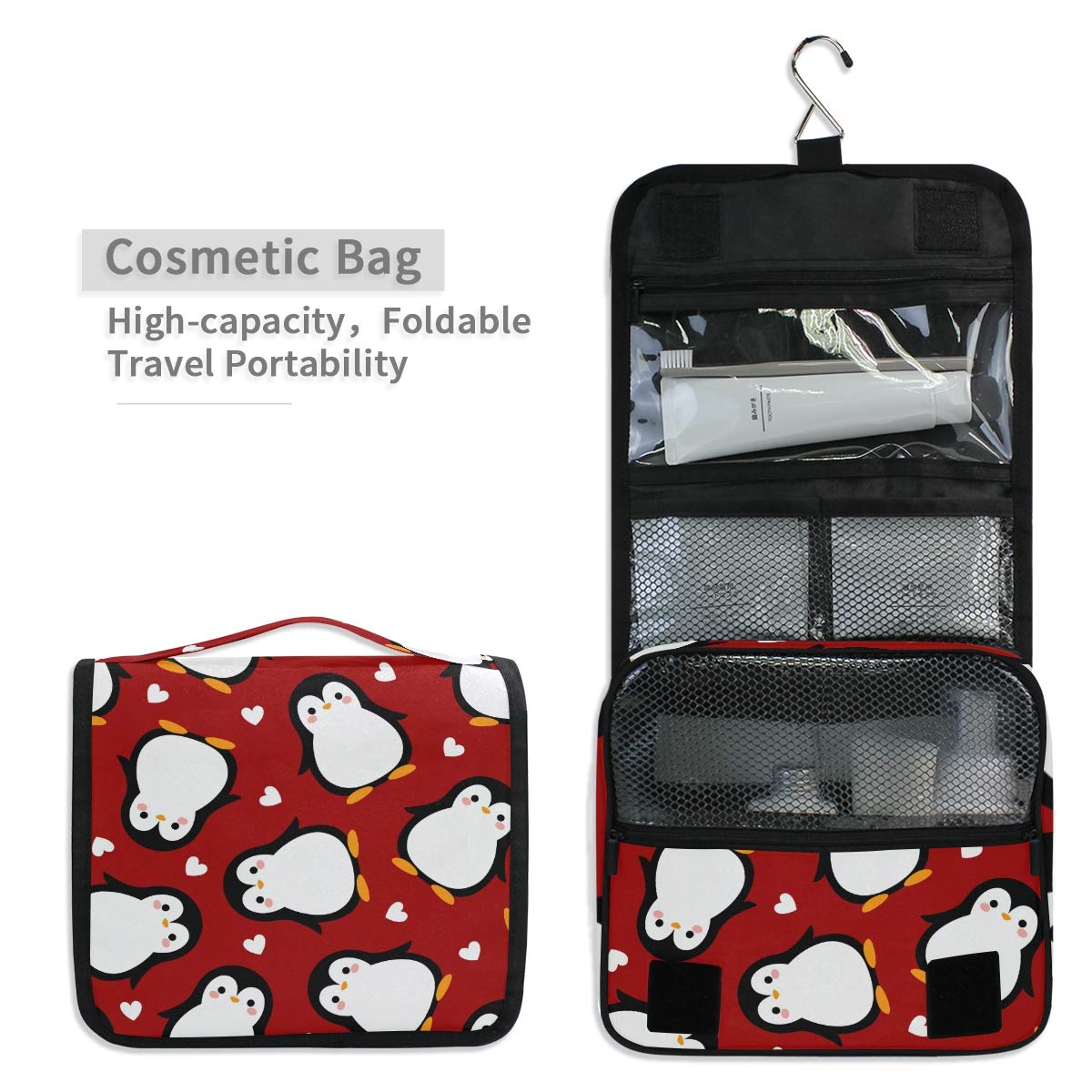 Cute Penguin & Heart Pattern Toiletry Bag - Travel Cosmetic Organizer with Hanging Hook for Makeup Brushes & Toiletries | Perfect for Women & Men | Ideal for Travel, Gym & Daily Use