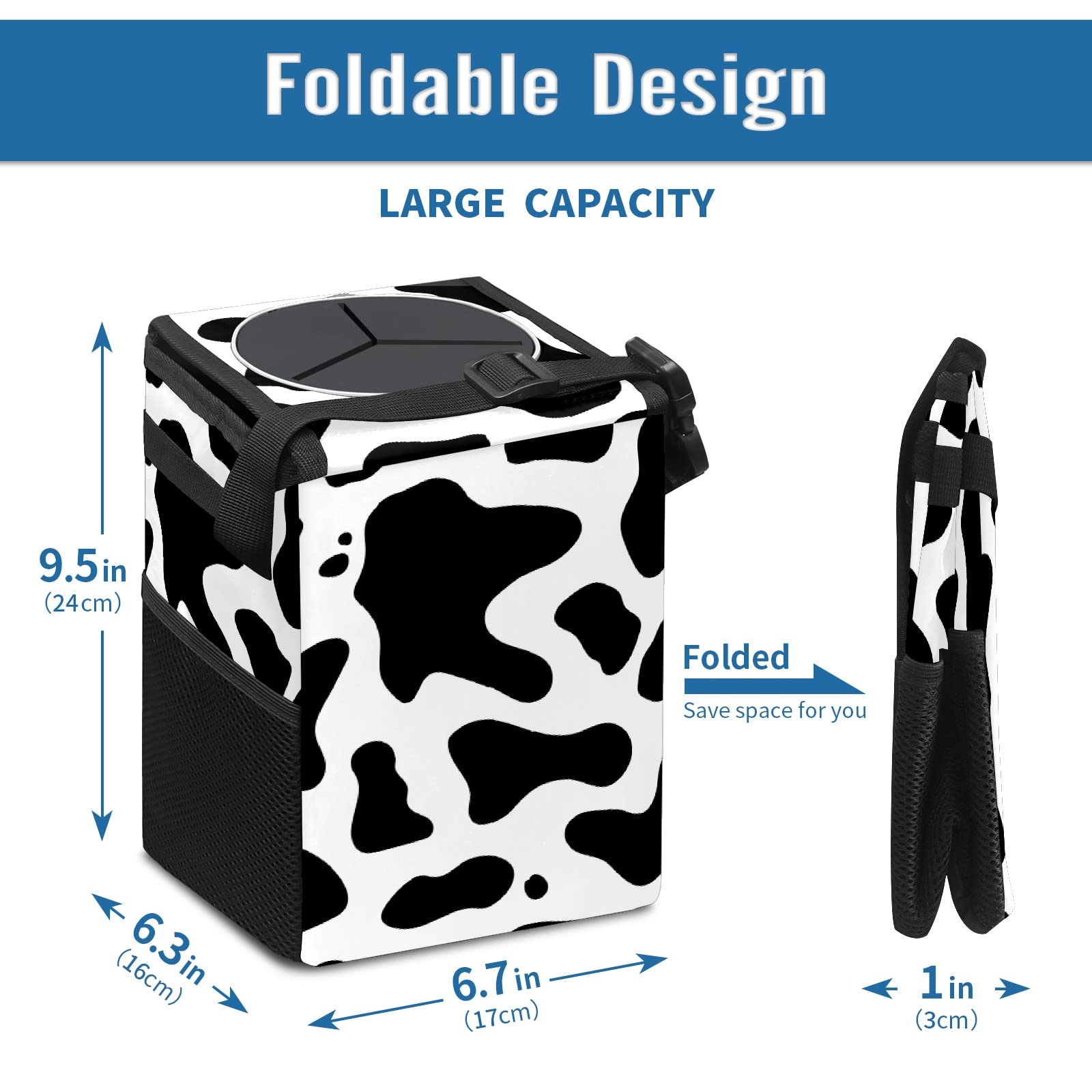 Western Black & White Cow Print Collapsible Car Trash Can with Lid - Reusable Waterproof Auto Garbage Bin for Car, Truck & SUV | Perfect for Road Trips, Commuting & Keeping Vehicle Interior Clean