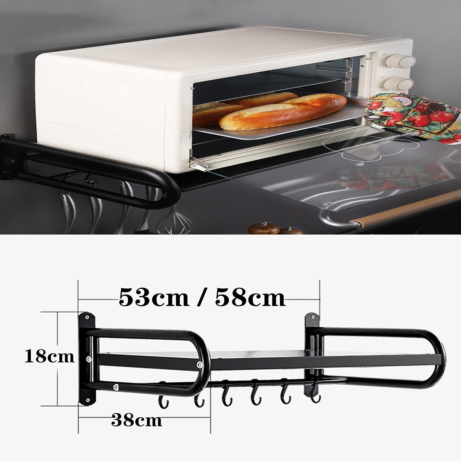 Sturdy Black Wall-Mounted Microwave Oven Rack with 6 Hooks - 58cm x 38cm x 18cm Iron Shelf for Kitchen Storage | Perfect for Organizing Spices, Utensils & Cookware in Small Spaces