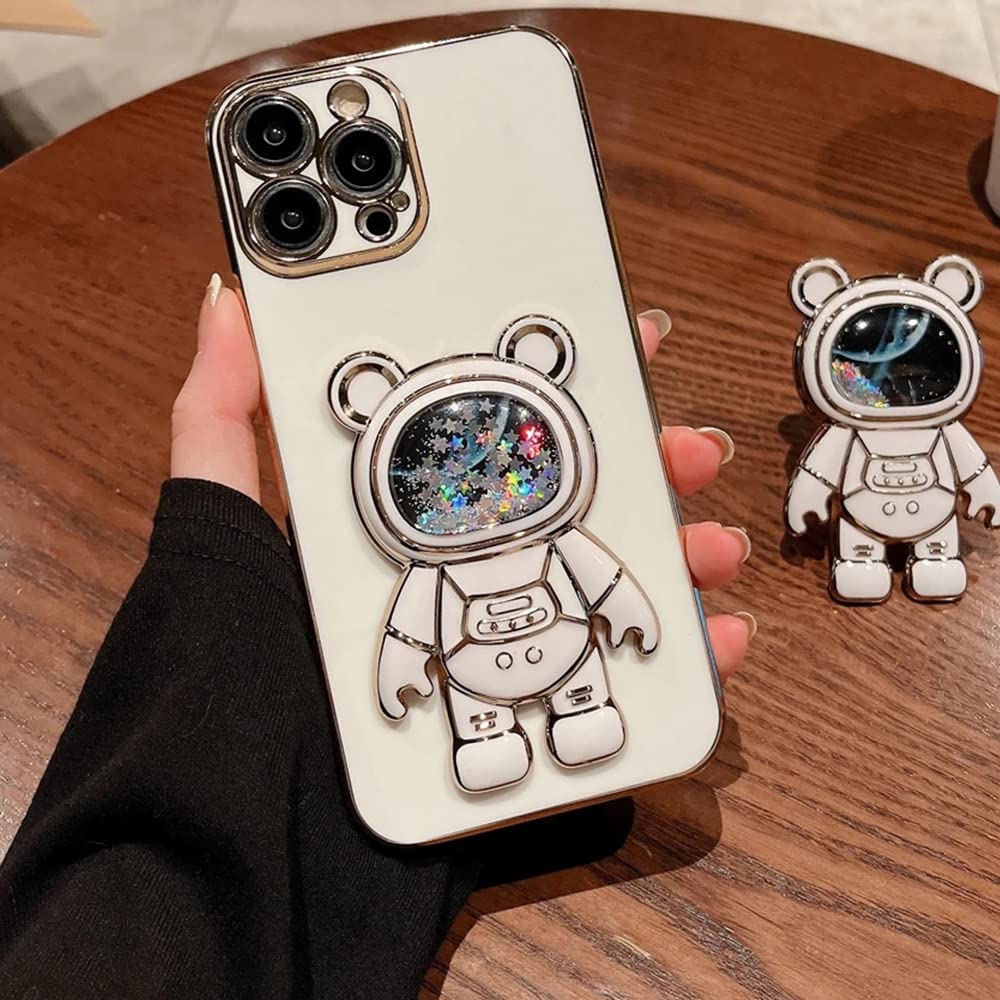 Shockproof Glitter Liquid Quicksand iPhone 12 Case with Kickstand - Cute Astronaut Design, Sparkle Bling Electroplated Cover for Women & Girls | Perfect for Daily Use, Travel, and Gift Giving