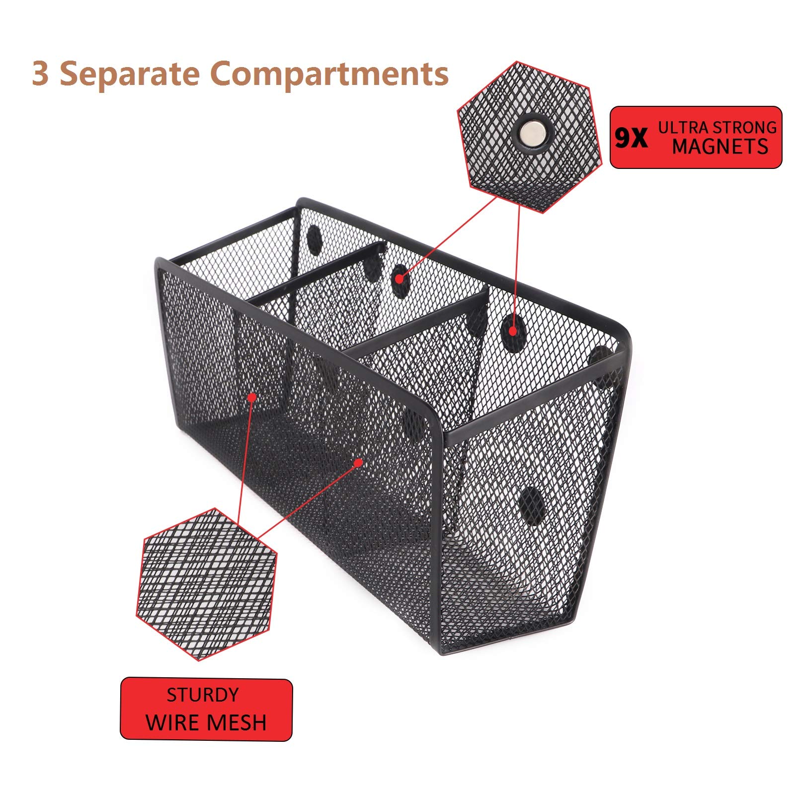 3-Compartment Mesh Metal Pencil Holder & Office Organizer - Pen Cup for Desk, Locker, Refrigerator - Perfect for School, Office & Home Organization
