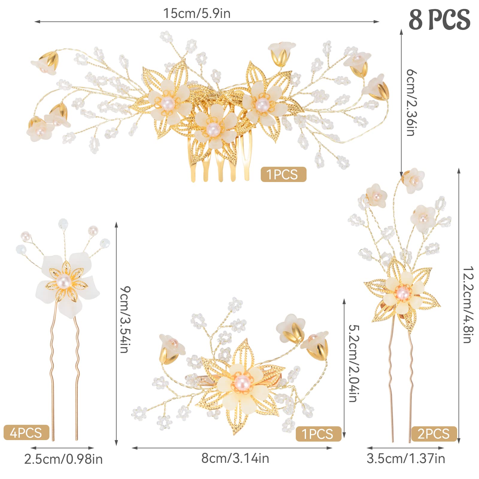 Elegant Bridal Hair Pins Set - 8 Piece Rhinestone Flower Hairpieces with Pearl Hair Comb & Clips for Bride & Bridesmaids | Perfect for Weddings, Prom, and Formal Events