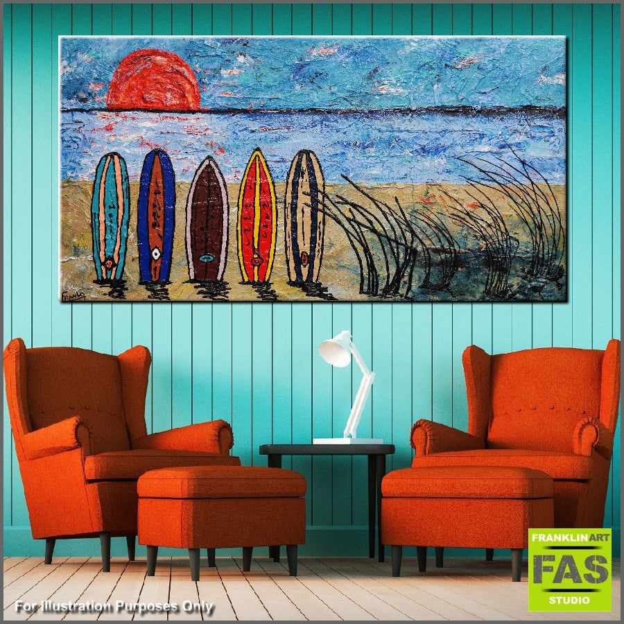 Abstract Realism Surfboard Sunset Wall Art - Handmade Canvas Painting for Beach House Decor, Living Room & Office