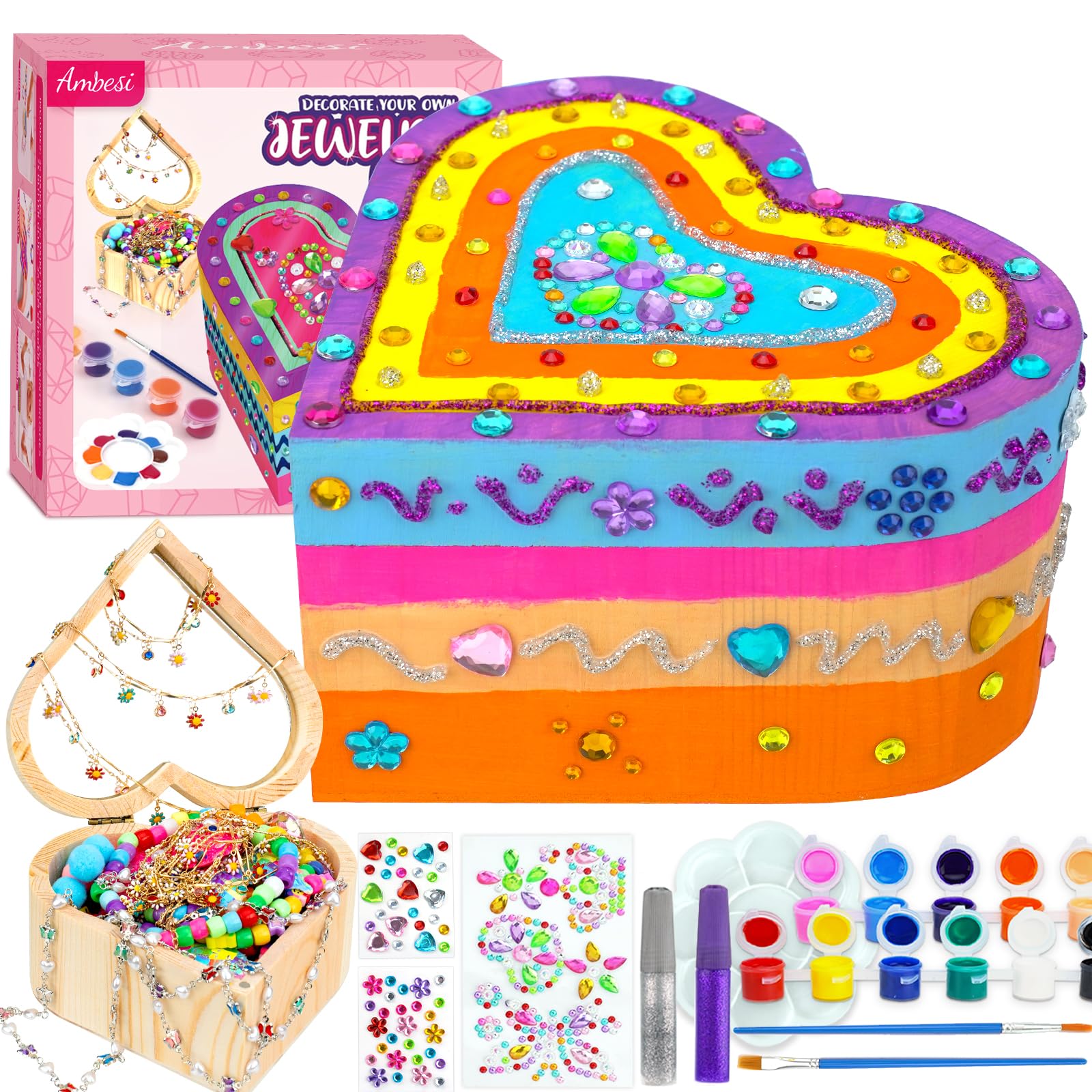 Ambesi DIY Wooden Jewelry Box Kit - Heart Shaped Art & Craft Treasure Box for Girls Ages 4-8, Creative Painting Gift for Birthday, Christmas | Perfect for Kids' Room Decor, Jewelry Storage & Craft Activities